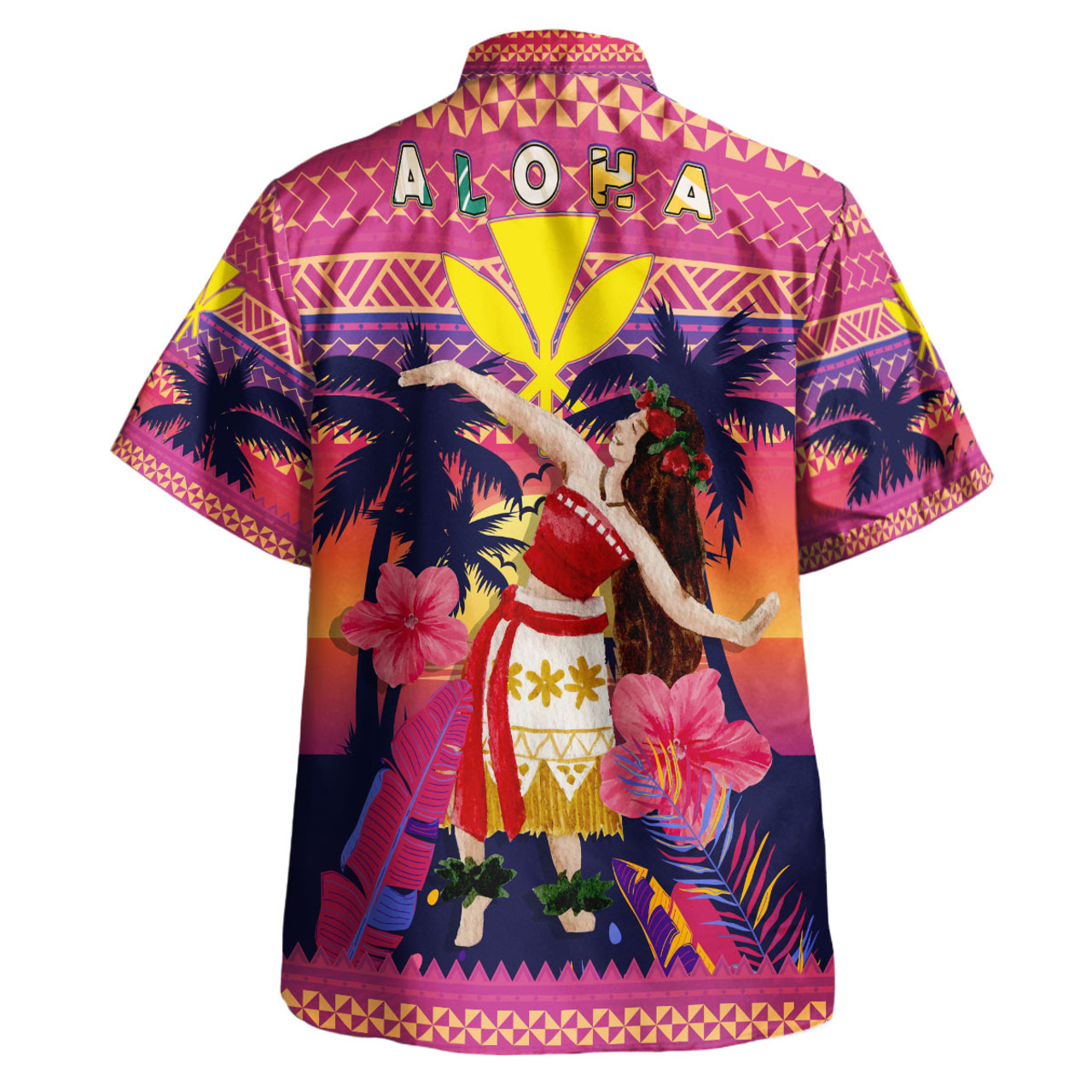 Hawaii Polynesian Combo Dress And Hawaiian Shirt - Aloha Hula Girl Dancing In Tropical Palm Trees At Sunset Kakau Style