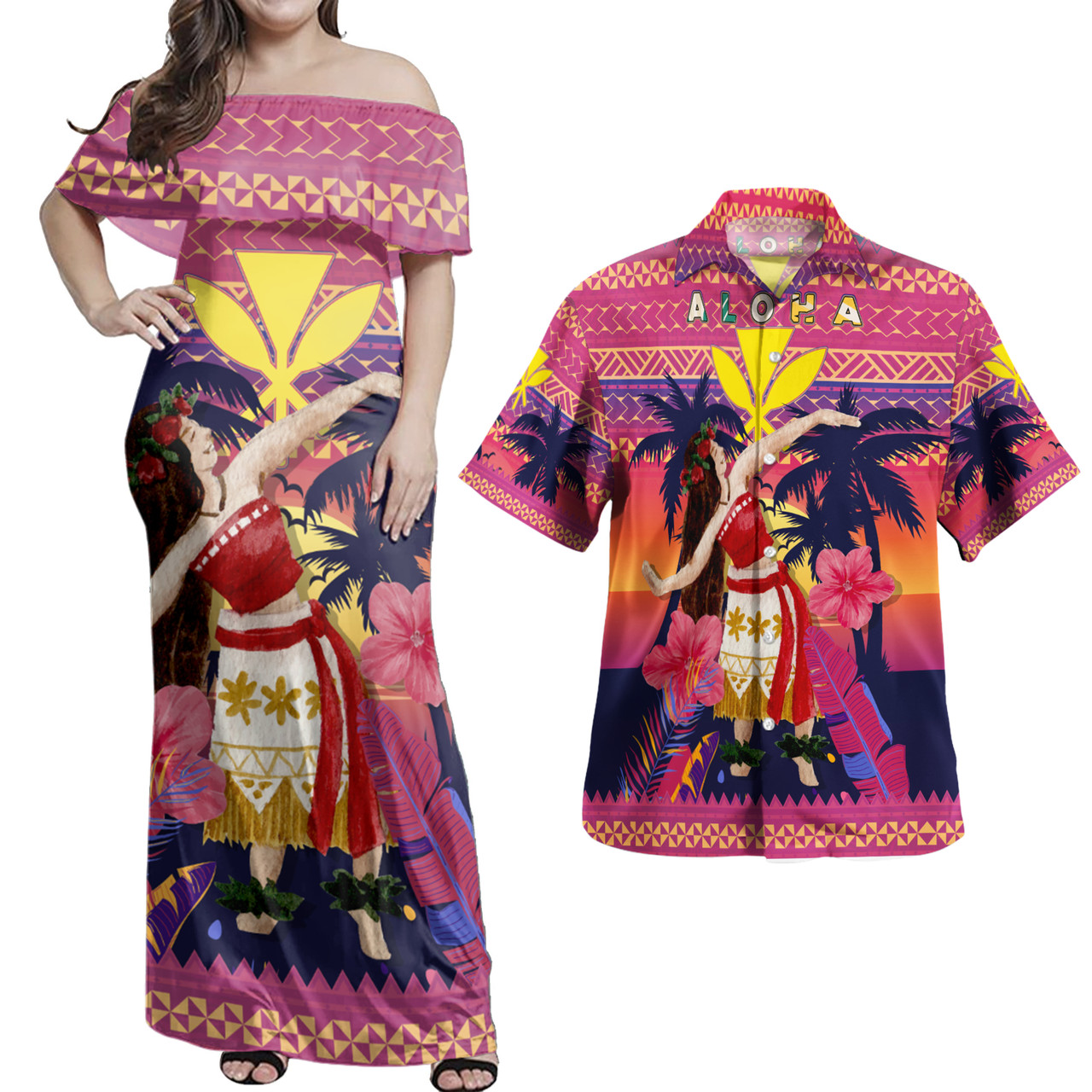 Hawaii Polynesian Combo Dress And Hawaiian Shirt - Aloha Hula Girl Dancing In Tropical Palm Trees At Sunset Kakau Style