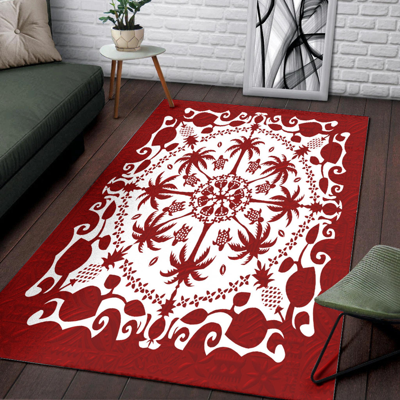 Hawaii Area Rug Red Hawaii Pattern Palm Trees and Turtles Polynesian