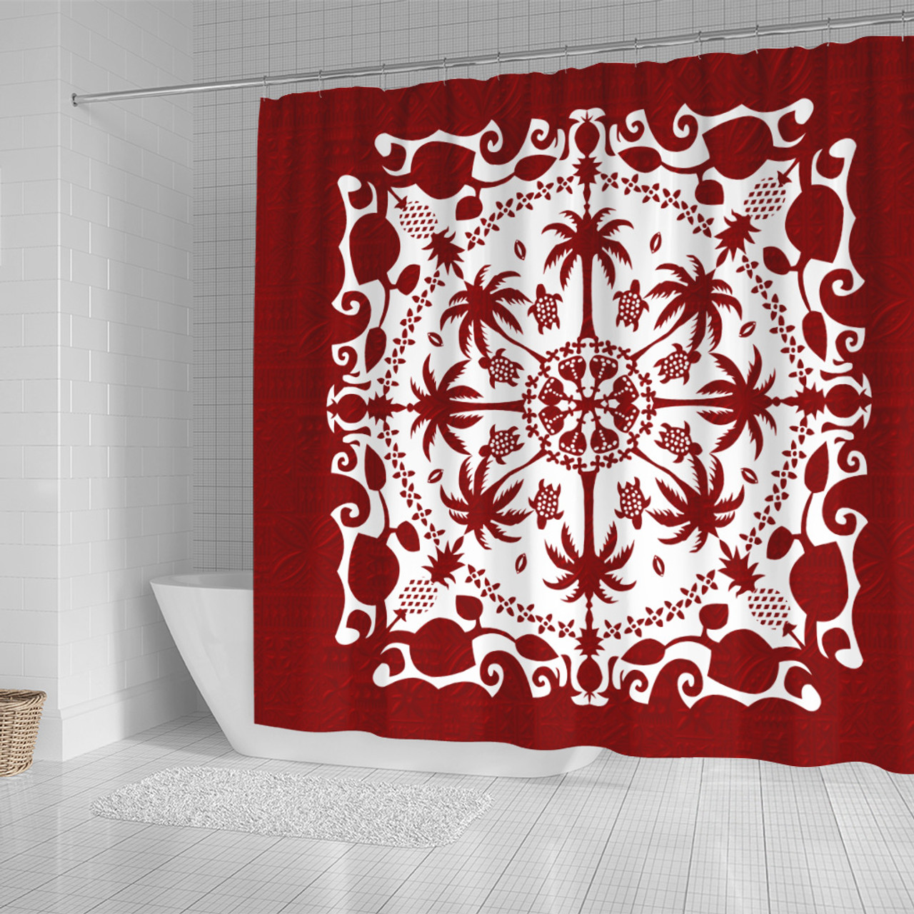 Hawaii Shower Curtain Red Hawaii Pattern Palm Trees and Turtles Polynesian