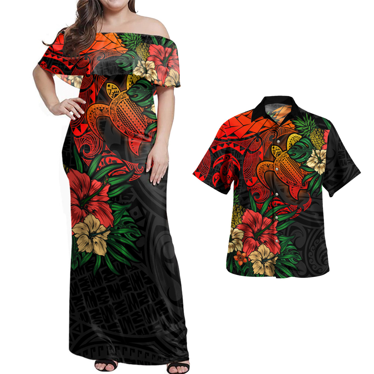 Hawaii Combo Dress And Hawaiian Shirt Polynesian Turtle Tropical