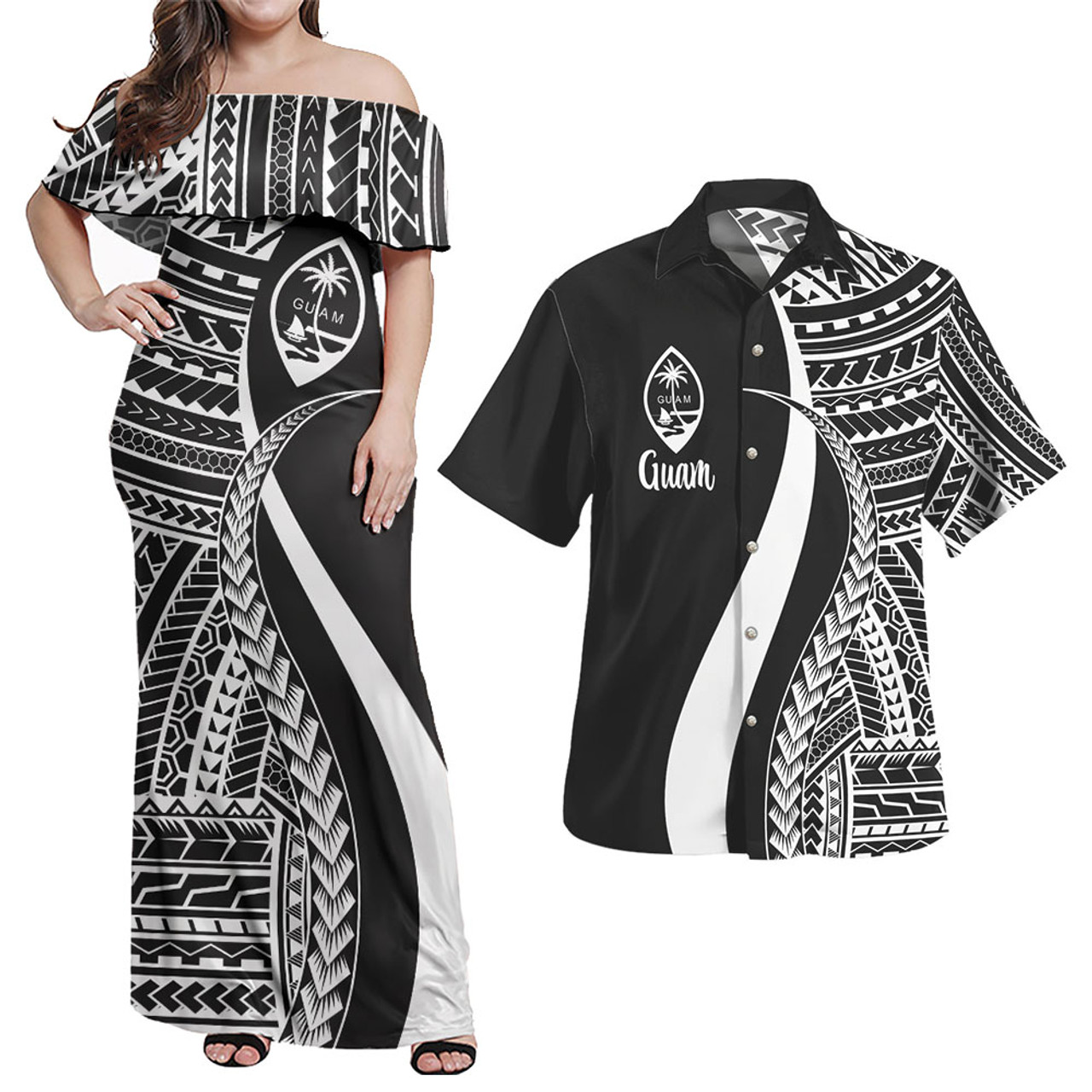 Guam Combo Dress And Shirt - Polynesian Tentacle Tribal Pattern White