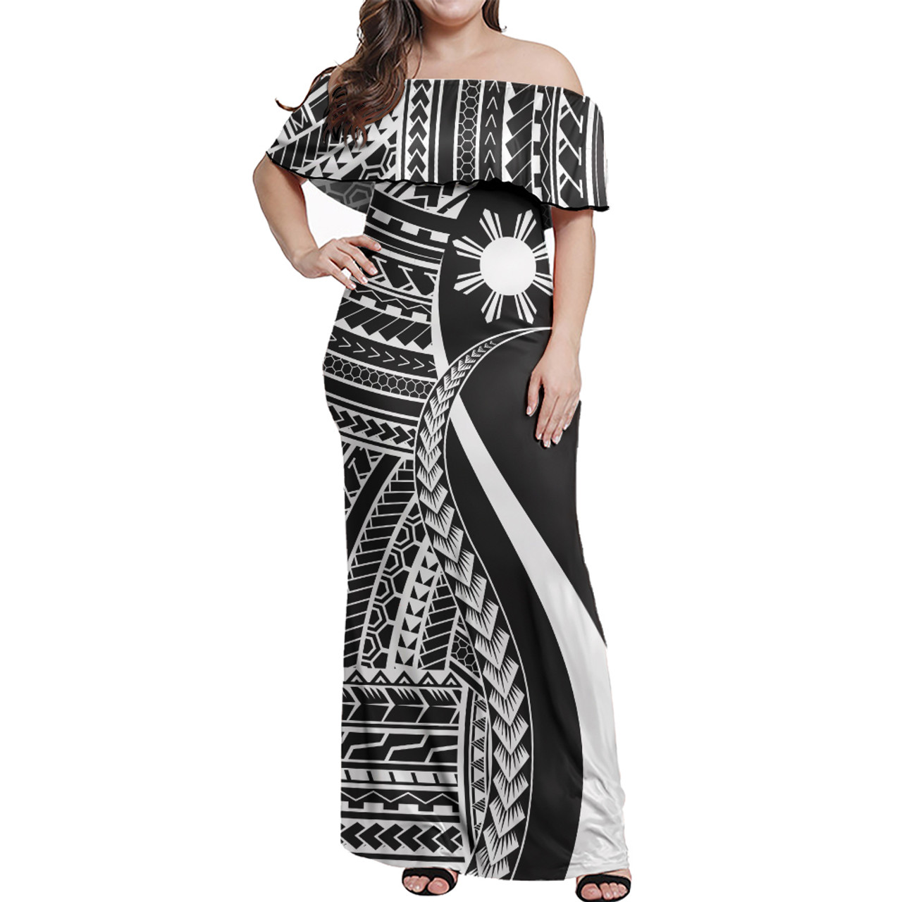 Philippines Combo Dress And Shirt - Polynesian Tentacle Tribal Pattern White