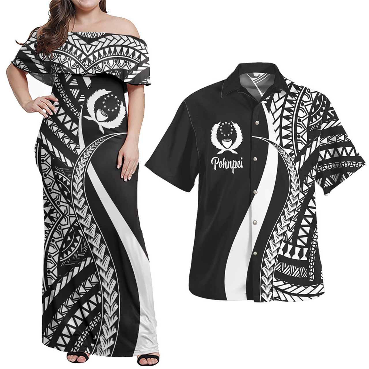 Pohnpei Combo Dress And Shirt - Micronesian Tentacle Tribal Pattern White