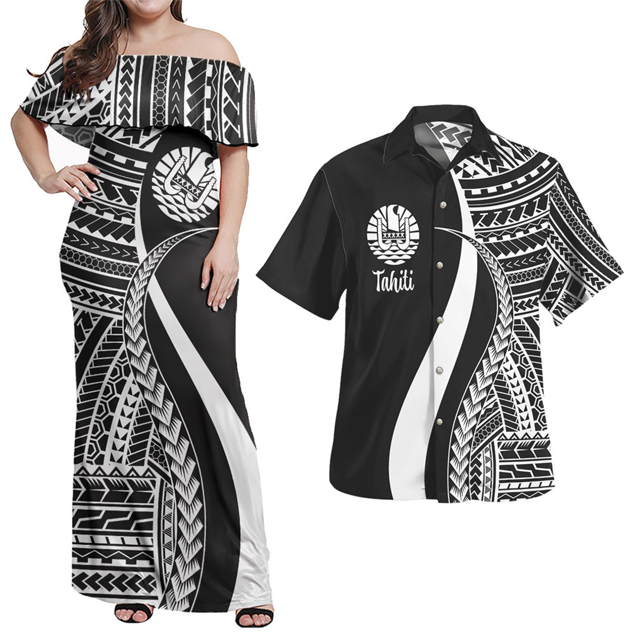 Tahiti Combo Dress And Shirt - Polynesian Tentacle Tribal Pattern White