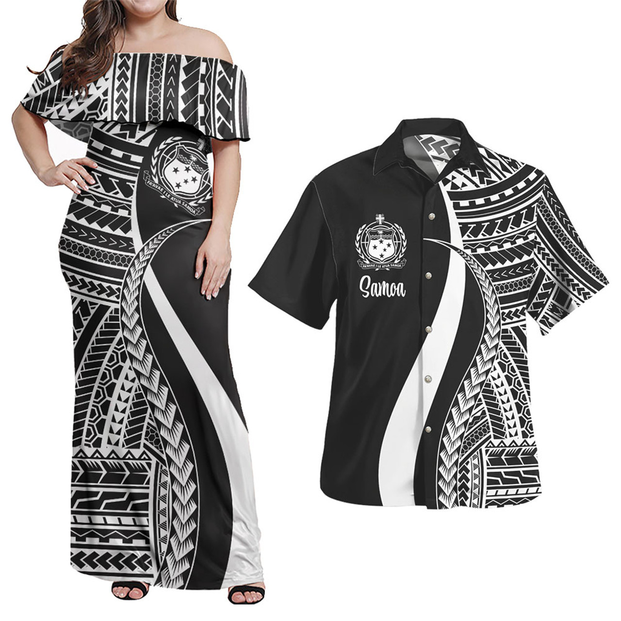 Samoa Combo Dress And Shirt - Polynesian Tentacle Tribal Pattern White