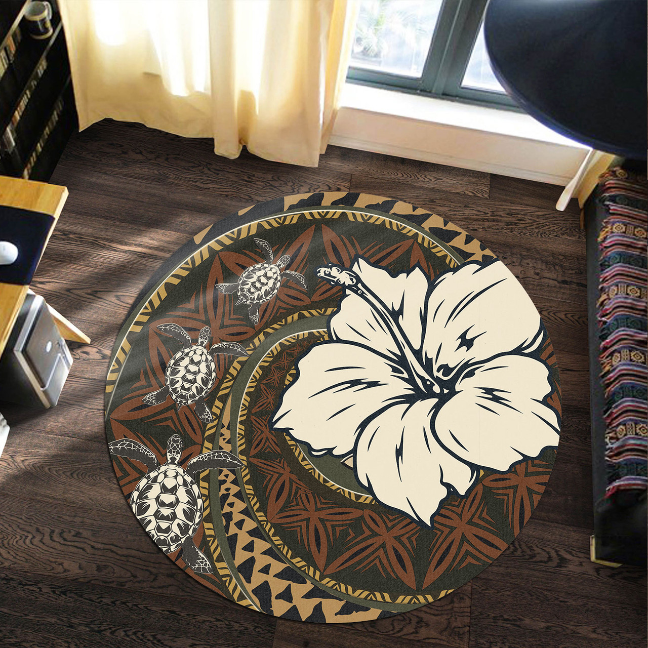 Polynesian Turtle Retro Style Round Rug