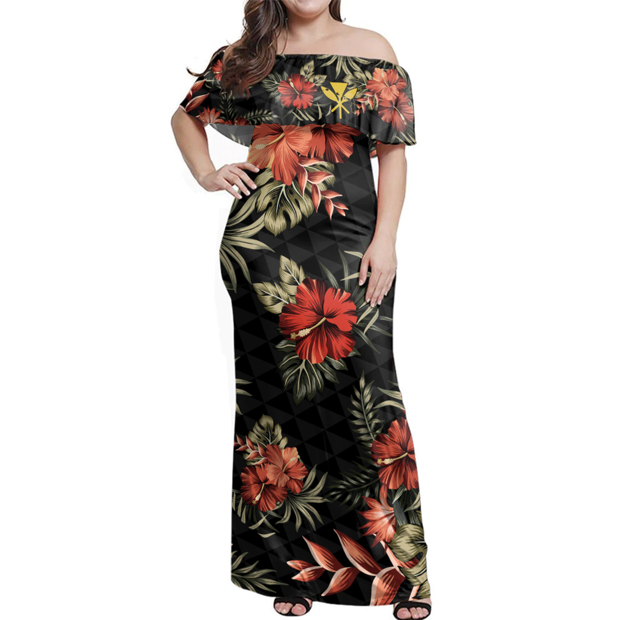 Hawaii Off Shoulder Long Dress Kanaka Kakau Hibiscus