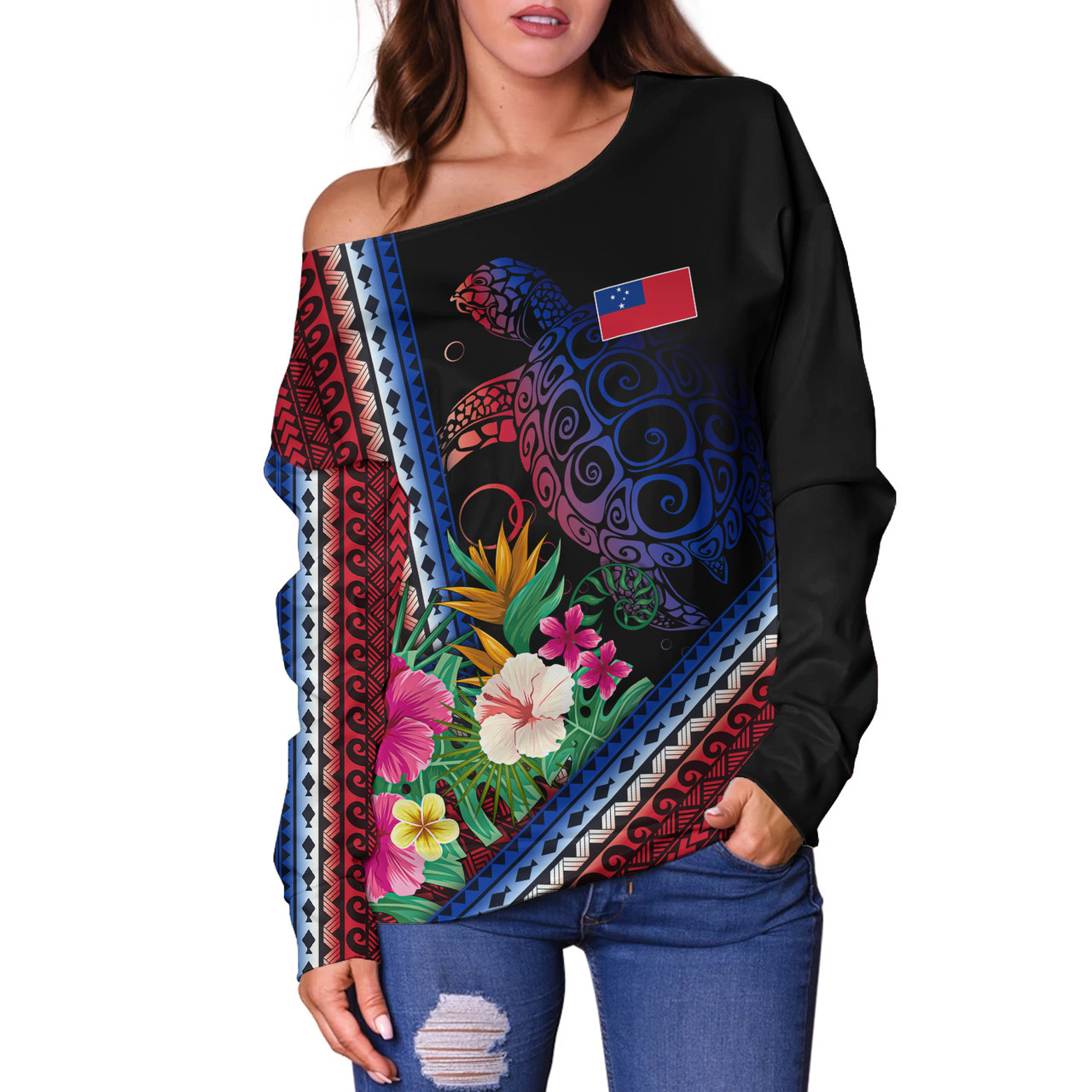Samoa Off Shoulder Sweatshirt Polynesia Pattern With Tropical Flower