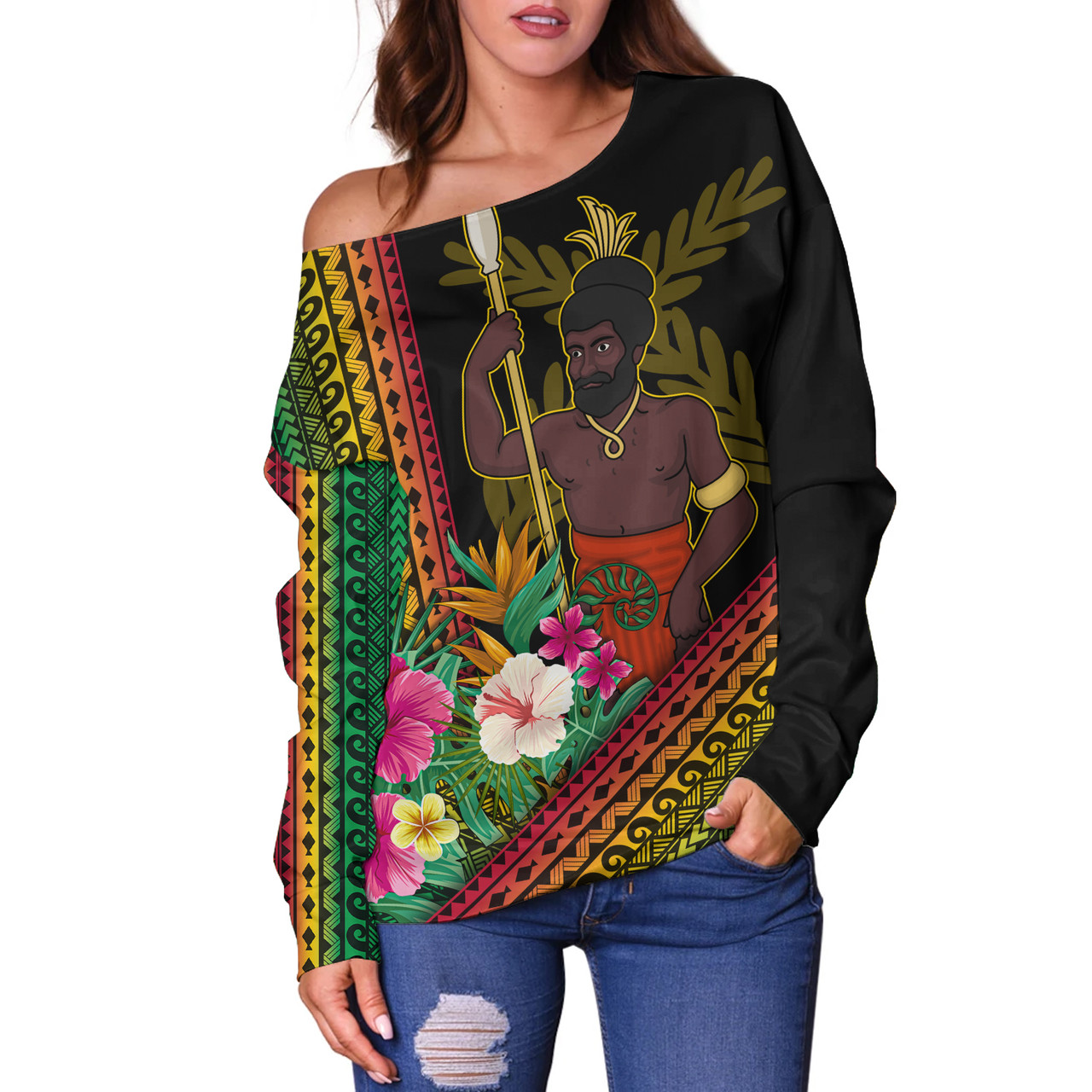 Vanuatu Off Shoulder Sweatshirt Polynesia Pattern With Tropical Flower