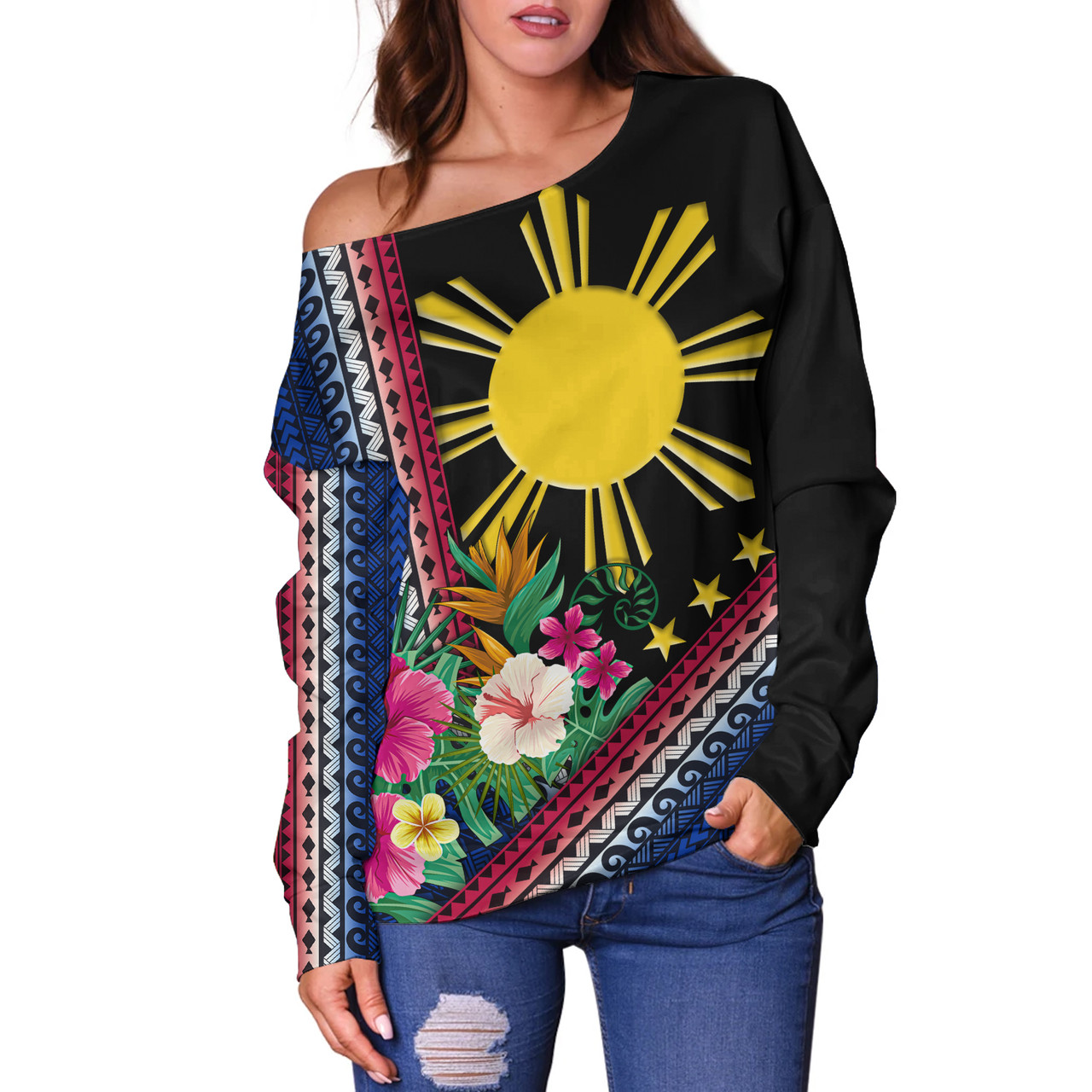 Philippines Filipinos Off Shoulder Sweatshirt Polynesia Pattern With Tropical Flower
