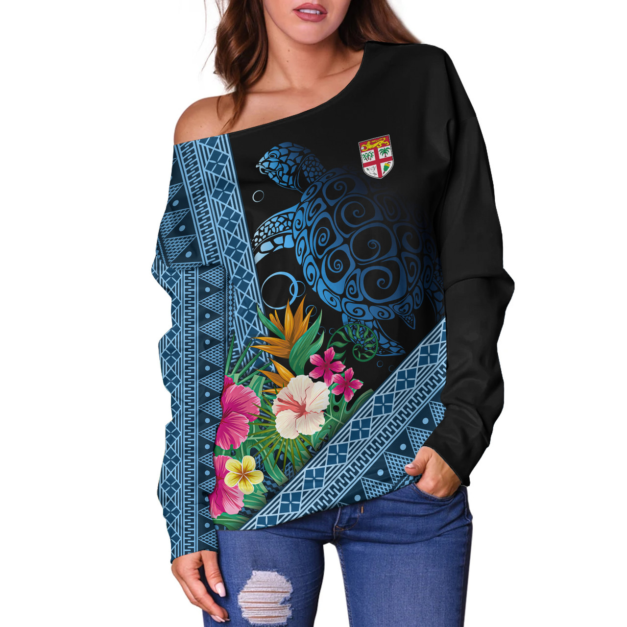 Fiji Off Shoulder Sweatshirt Polynesia Pattern With Tropical Flower