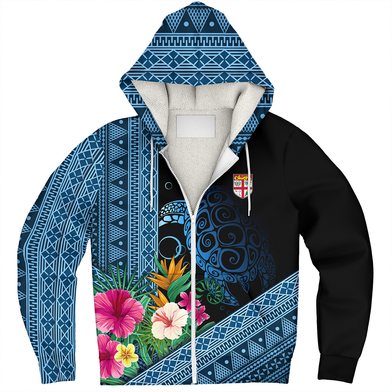 Fiji Sherpa Hoodie Polynesia Pattern With Tropical Flower