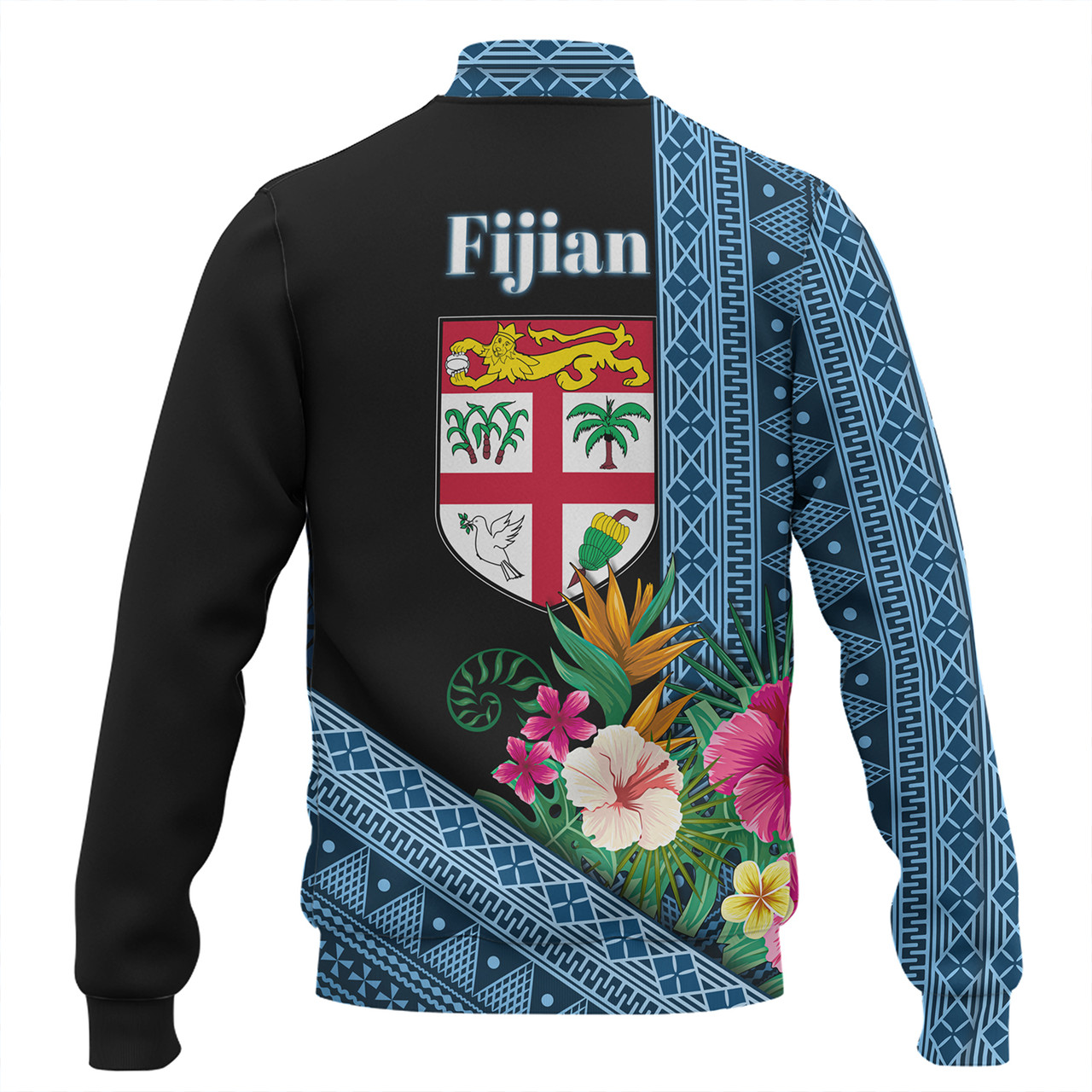 Fiji Baseball Jacket Polynesia Pattern With Tropical Flower