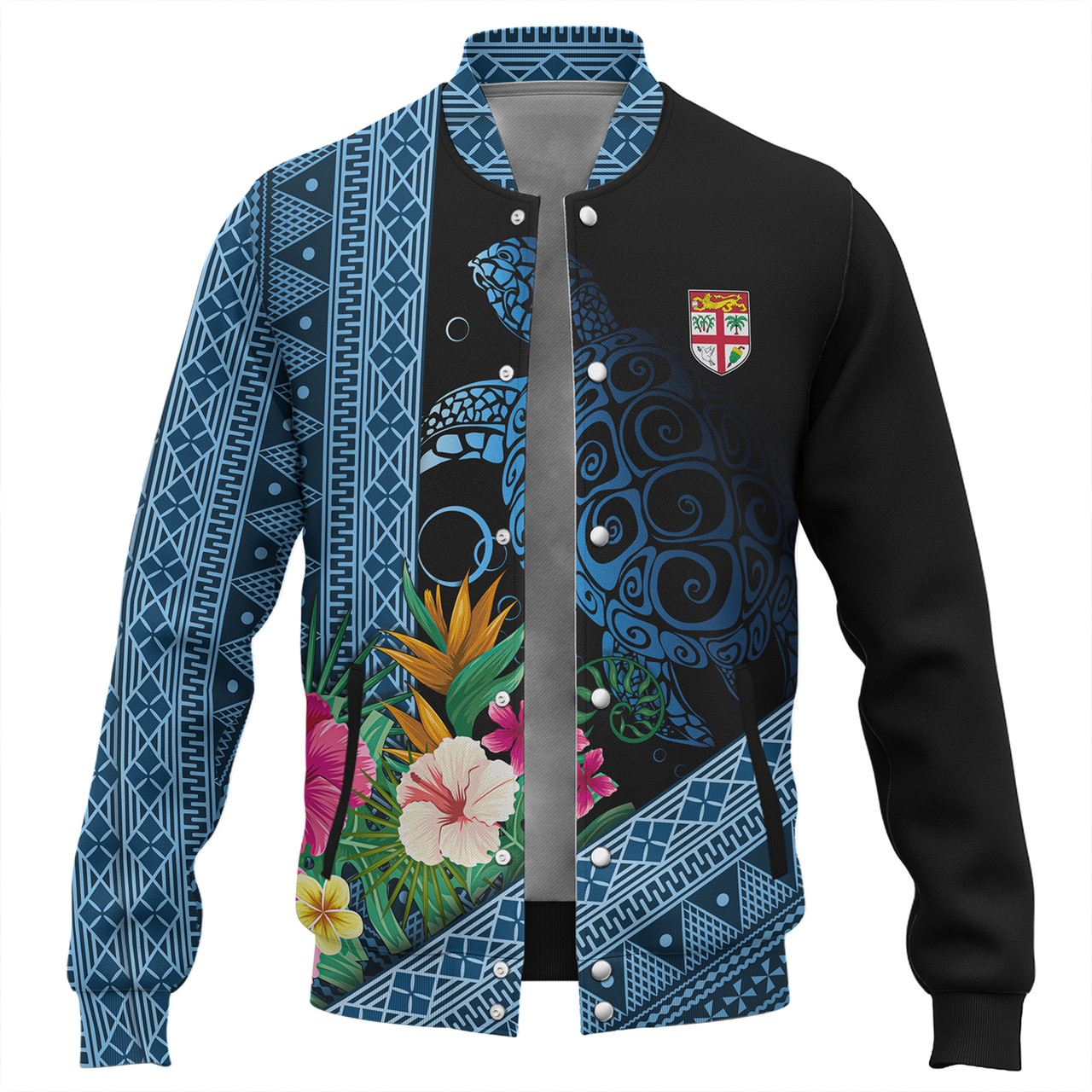 Fiji Baseball Jacket Polynesia Pattern With Tropical Flower