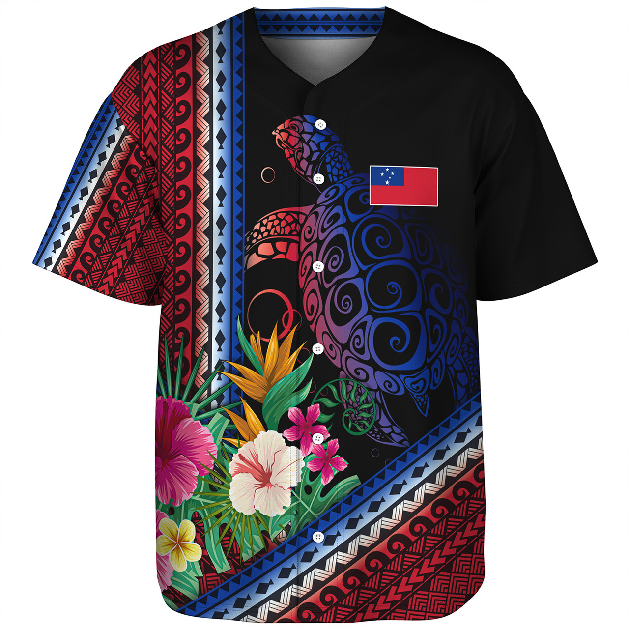 Samoa Baseball Shirt Polynesia Pattern With Tropical Flower