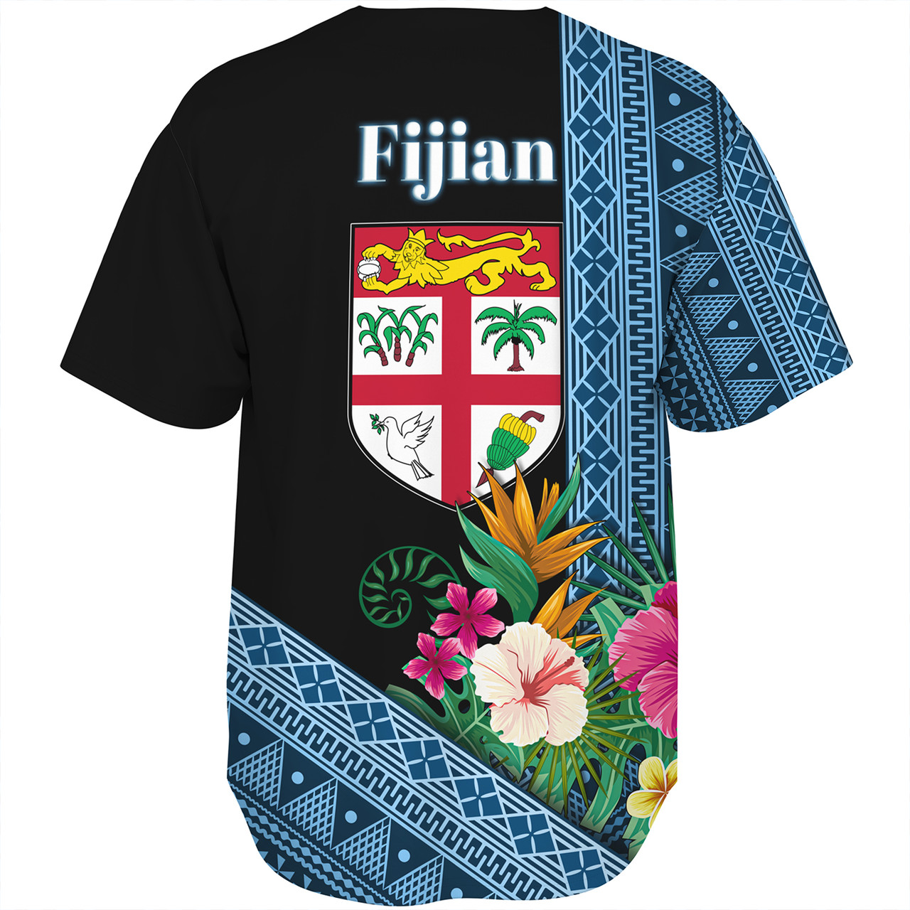 Fiji Baseball Shirt Polynesia Pattern With Tropical Flower