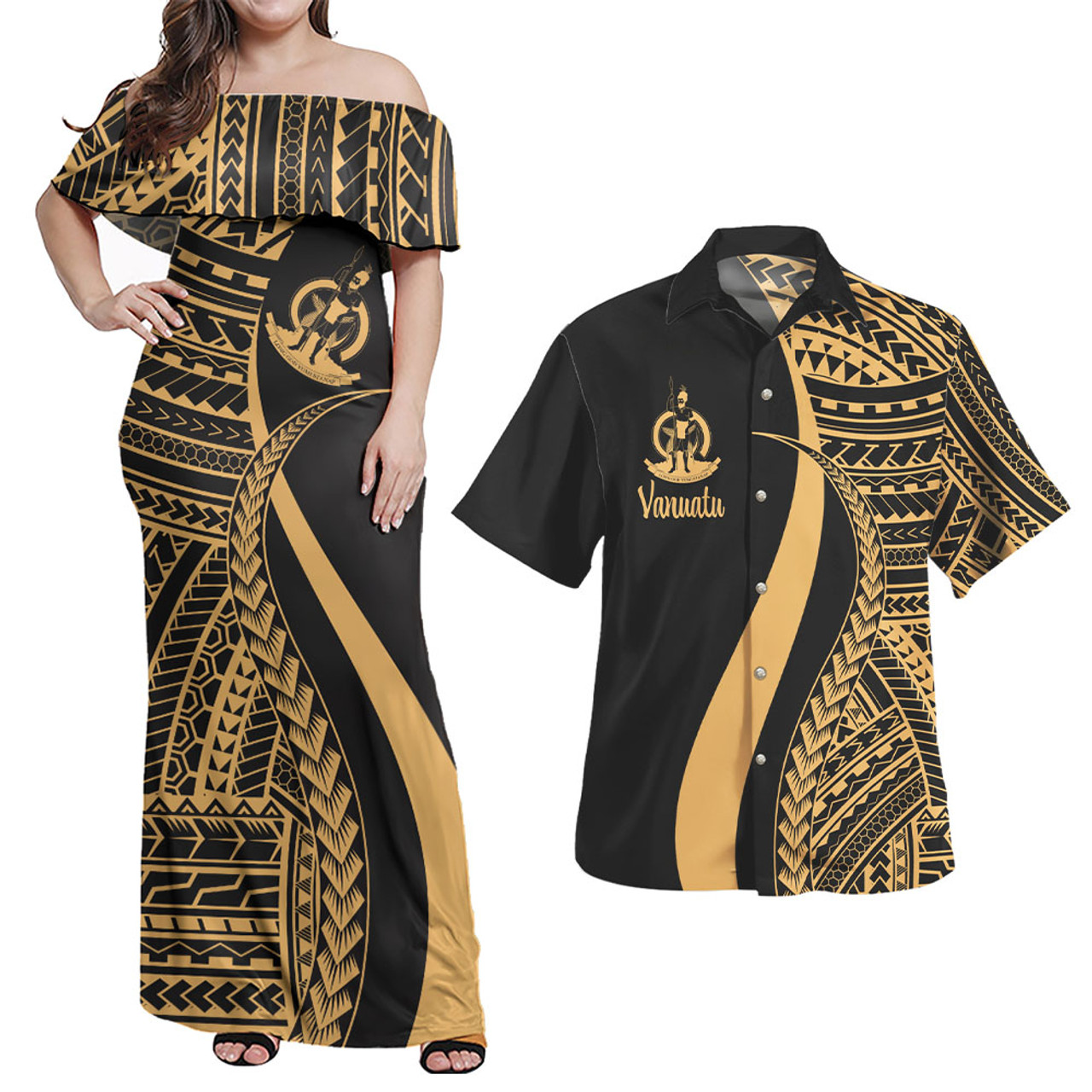 Vanuatu Combo Dress And Shirt - Polynesian Tentacle Tribal Pattern Gold