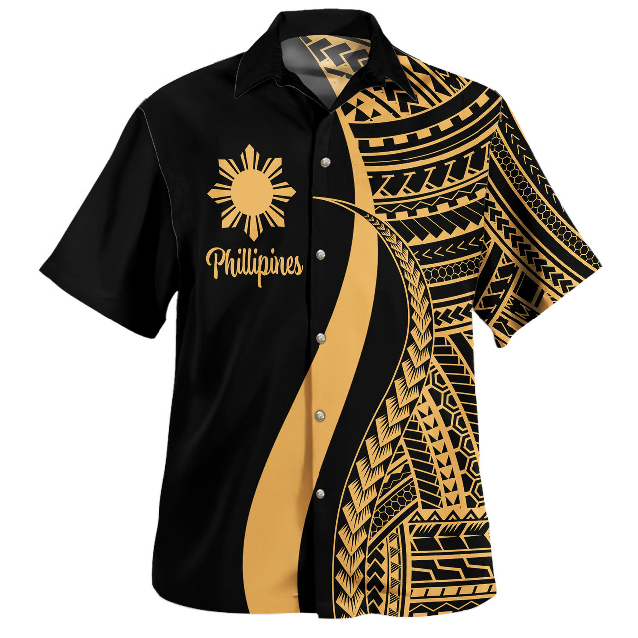Philippines Combo Dress And Shirt - Polynesian Tentacle Tribal Pattern Gold