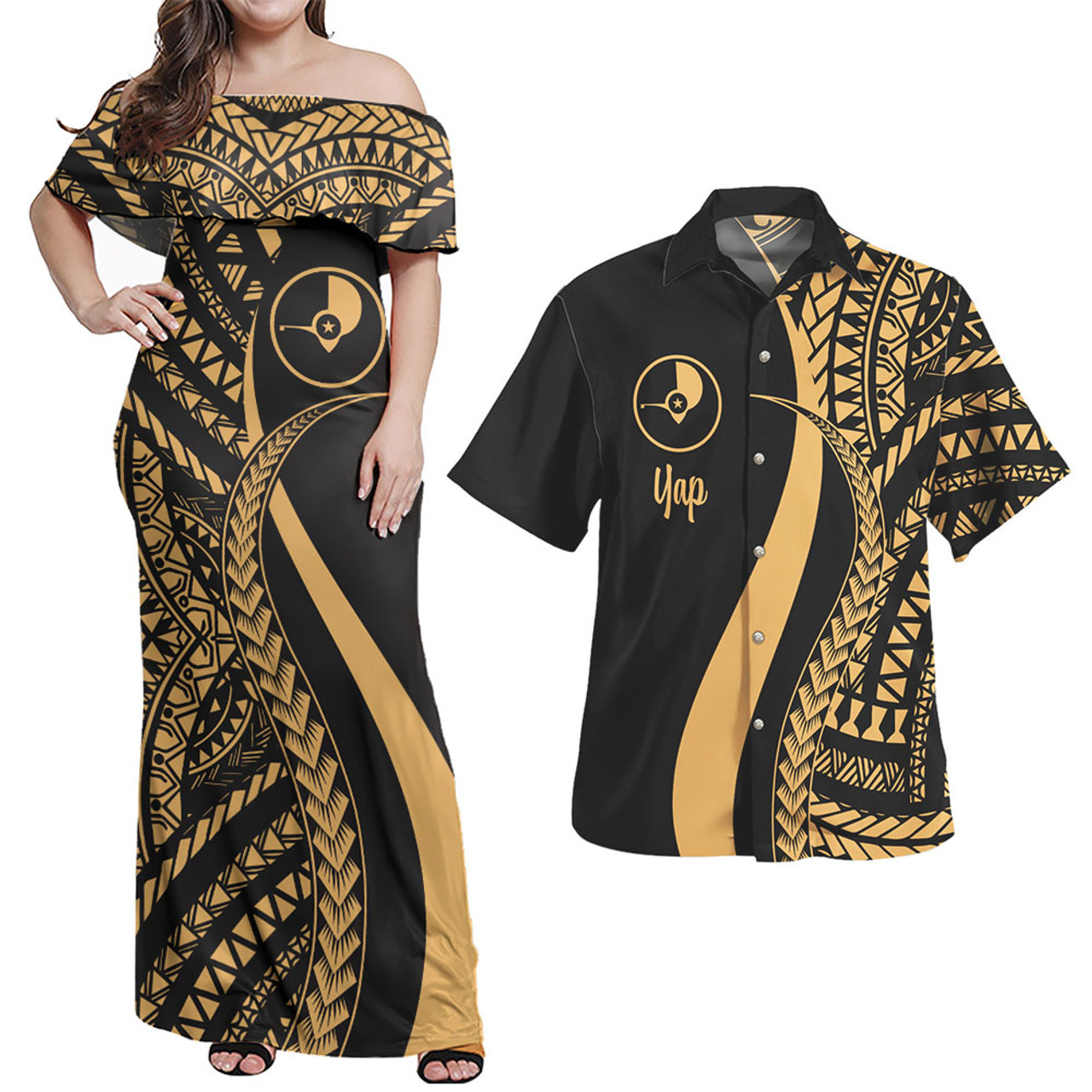 Yap Combo Dress And Shirt - Micronesian Tentacle Tribal Pattern Gold