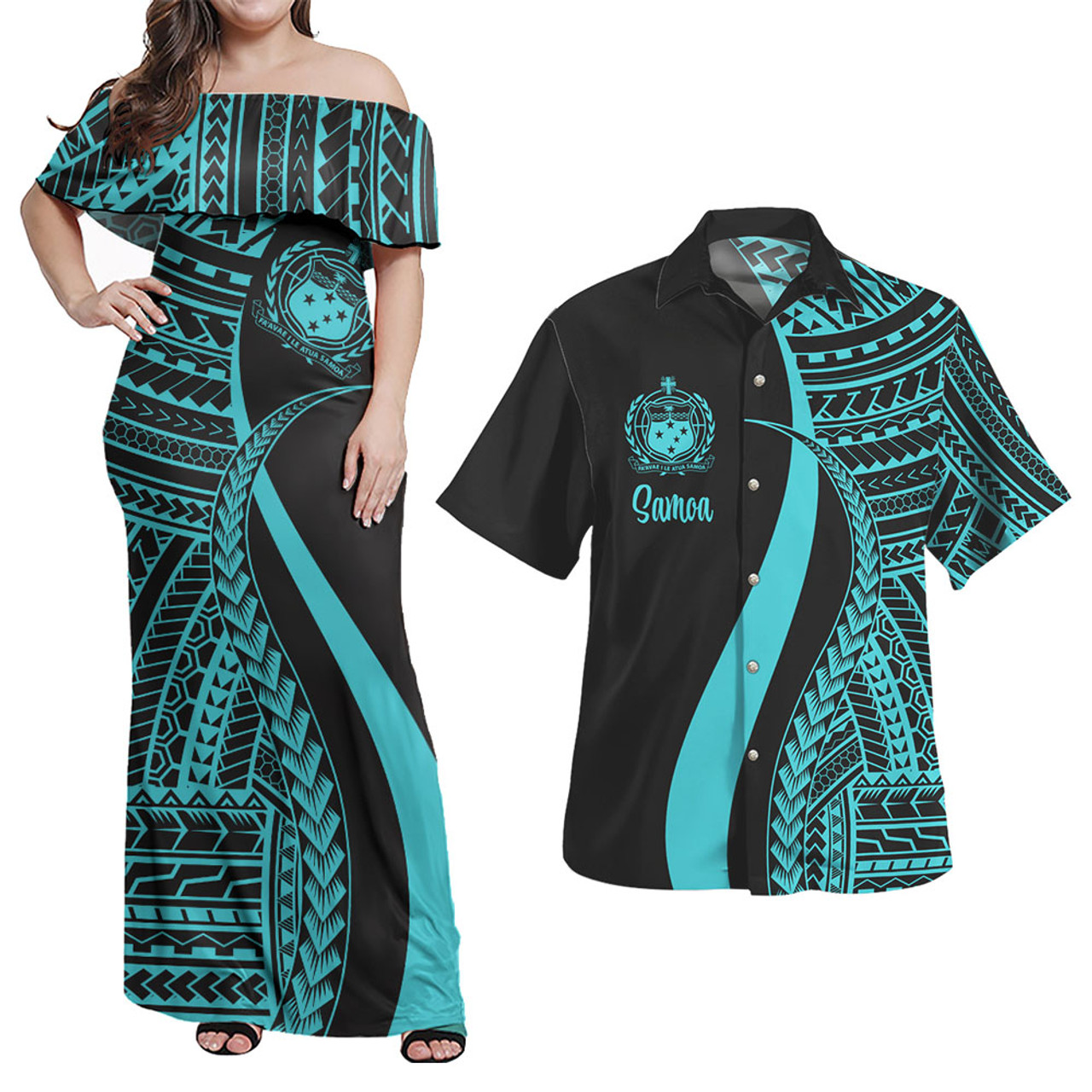 Samoa Combo Dress And Shirt - Polynesian Tentacle Tribal Pattern Turquoise