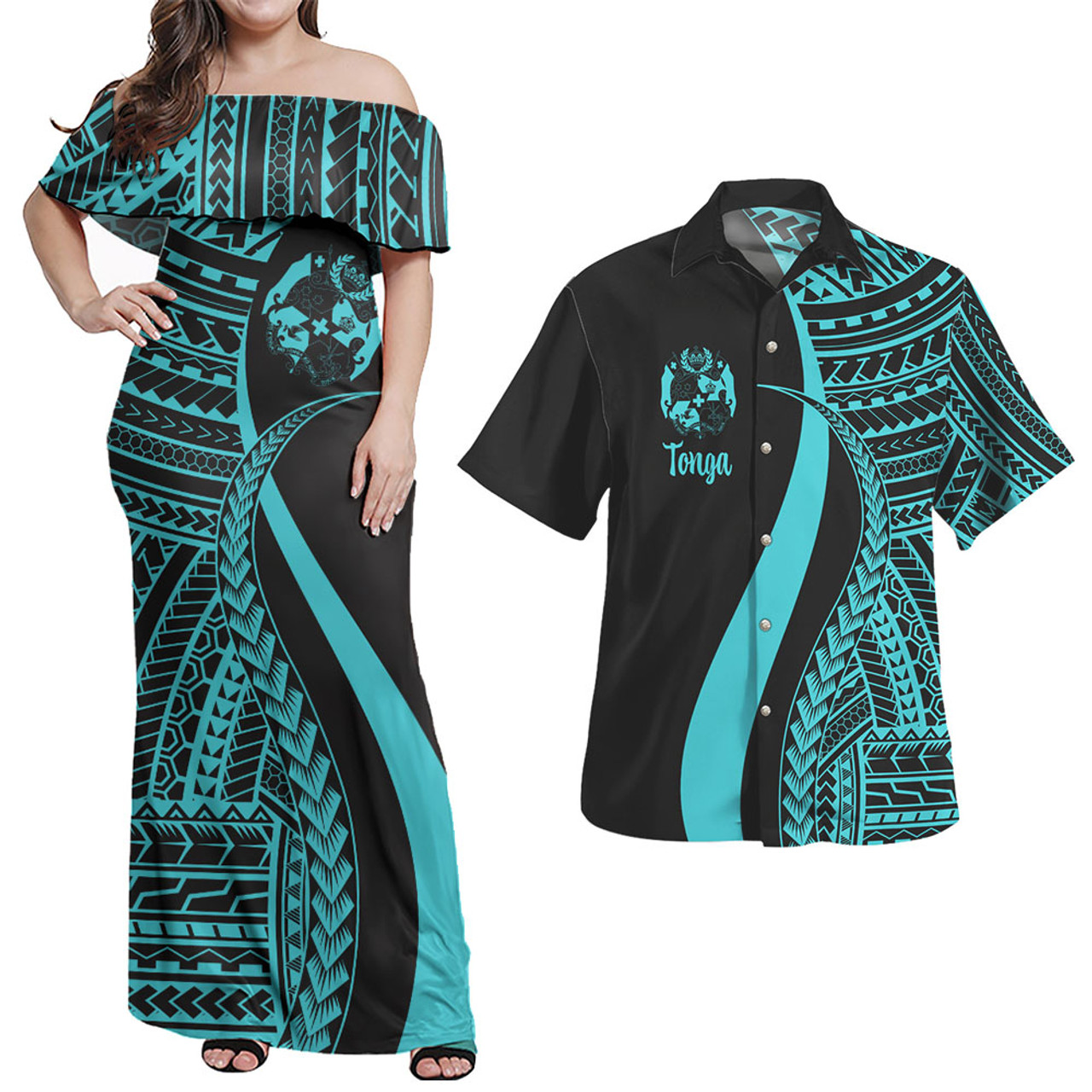 Tonga Combo Dress And Shirt - Polynesian Tentacle Tribal Pattern Turquoise