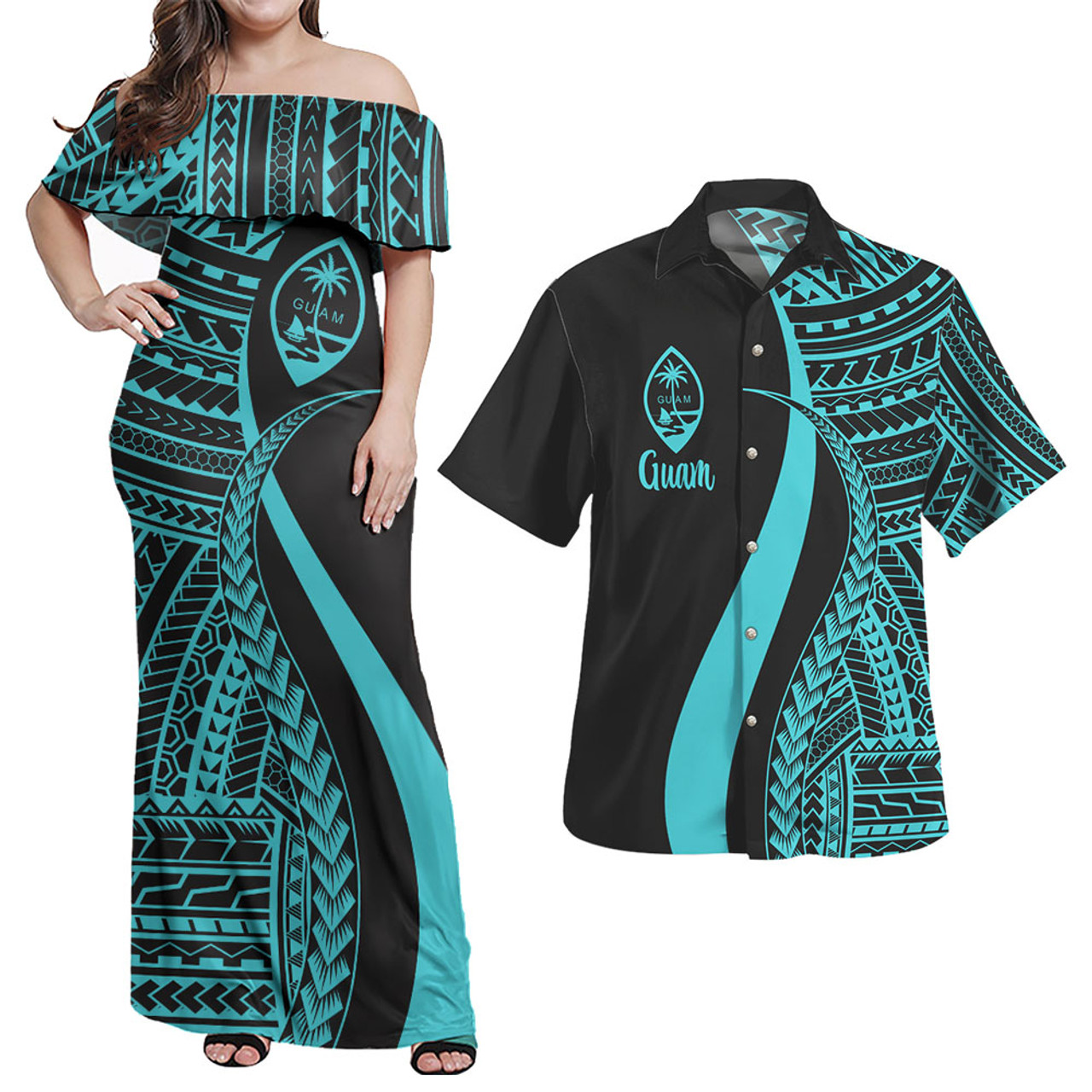 Guam Combo Dress And Shirt - Polynesian Tentacle Tribal Pattern Turquoise