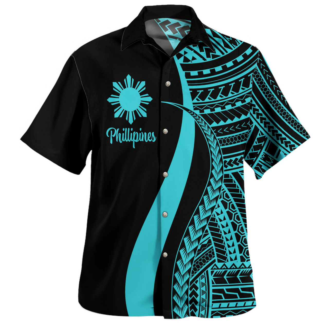 Philippines Combo Dress And Shirt - Polynesian Tentacle Tribal Pattern Turquoise