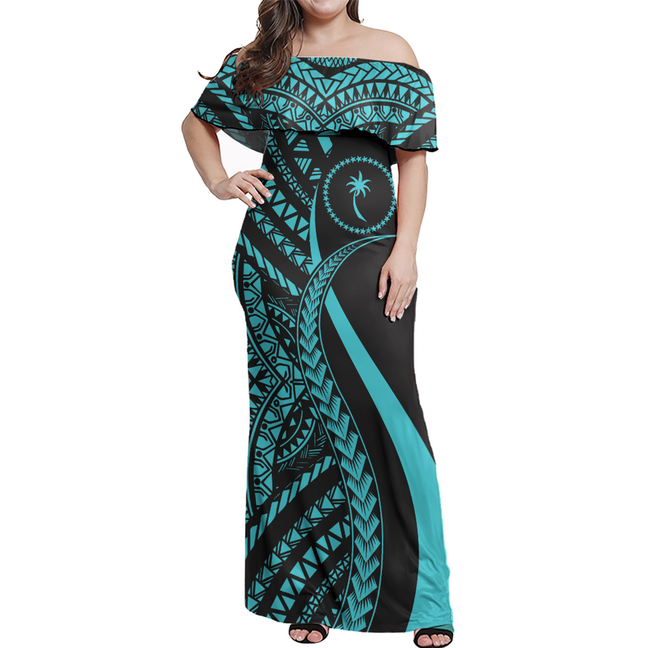 Chuuk Combo Dress And Shirt - Micronesian Tentacle Tribal Pattern Turquoise