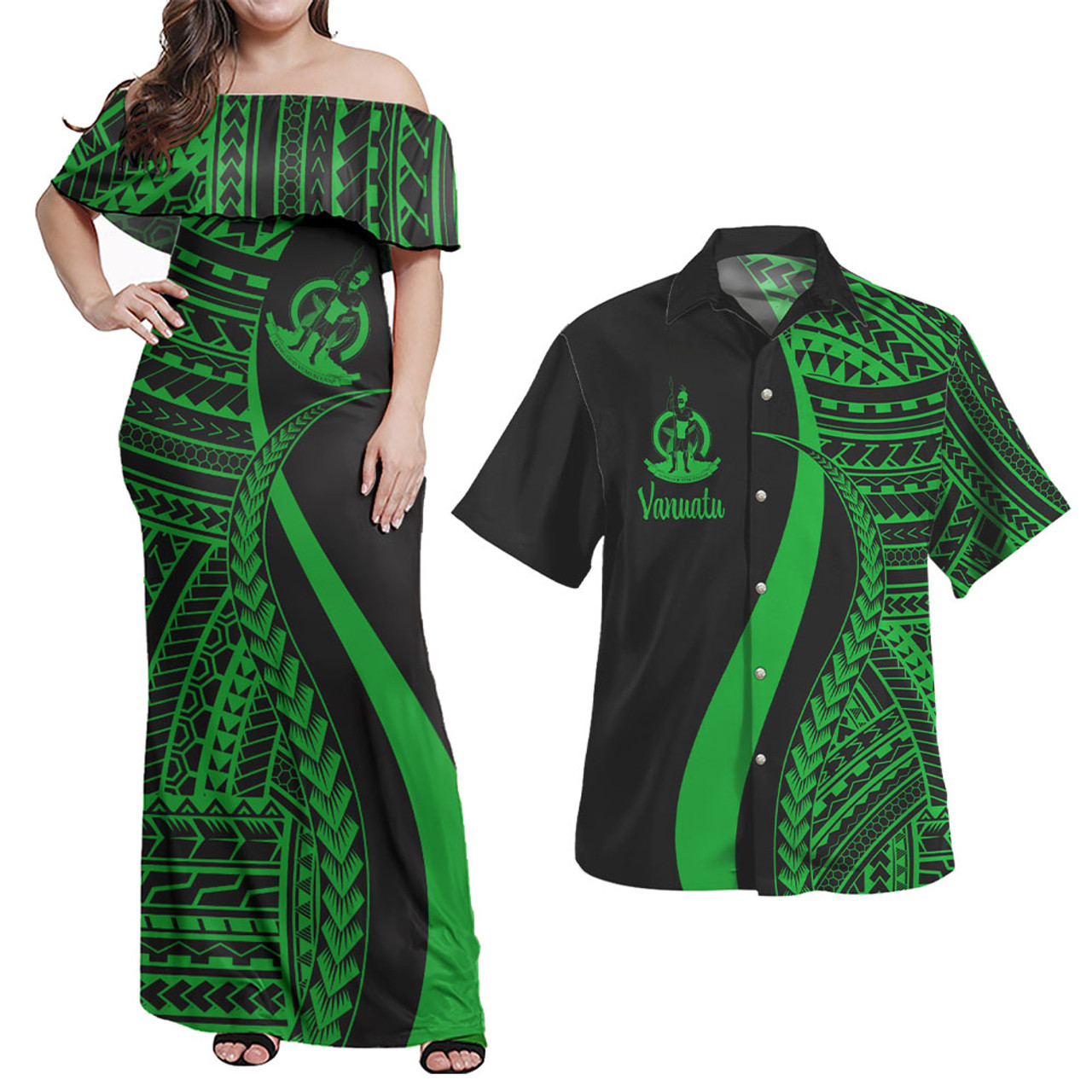 Vanuatu Combo Dress And Shirt - Polynesian Tentacle Tribal Pattern Green