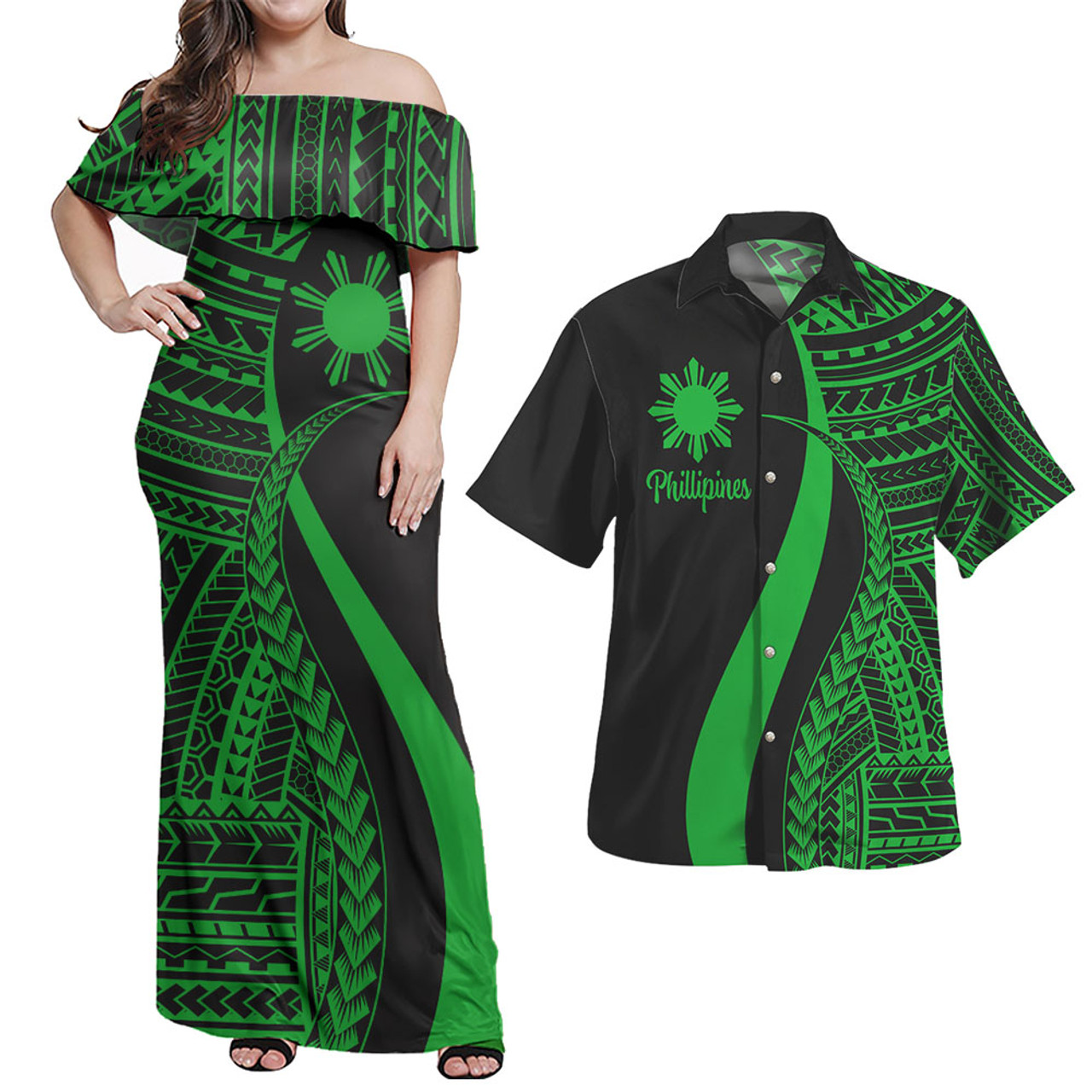 Philippines Combo Dress And Shirt - Polynesian Tentacle Tribal Pattern Green