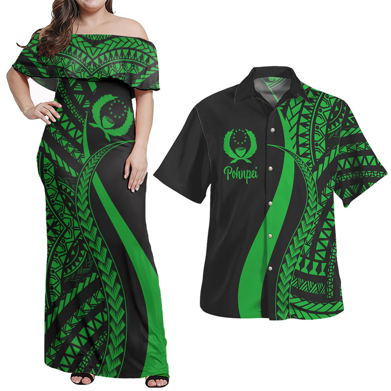 Pohnpei Combo Dress And Shirt - Micronesian Tentacle Tribal Pattern Green