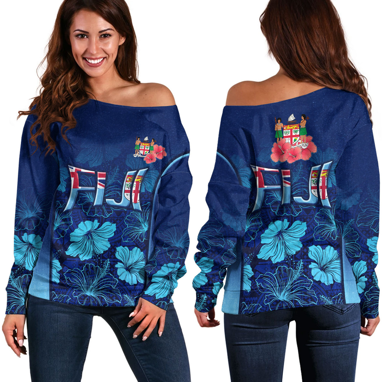 Fiji Off Shoulder Sweatshirt Fijian Traditional Patterns Hibiscus Flowers