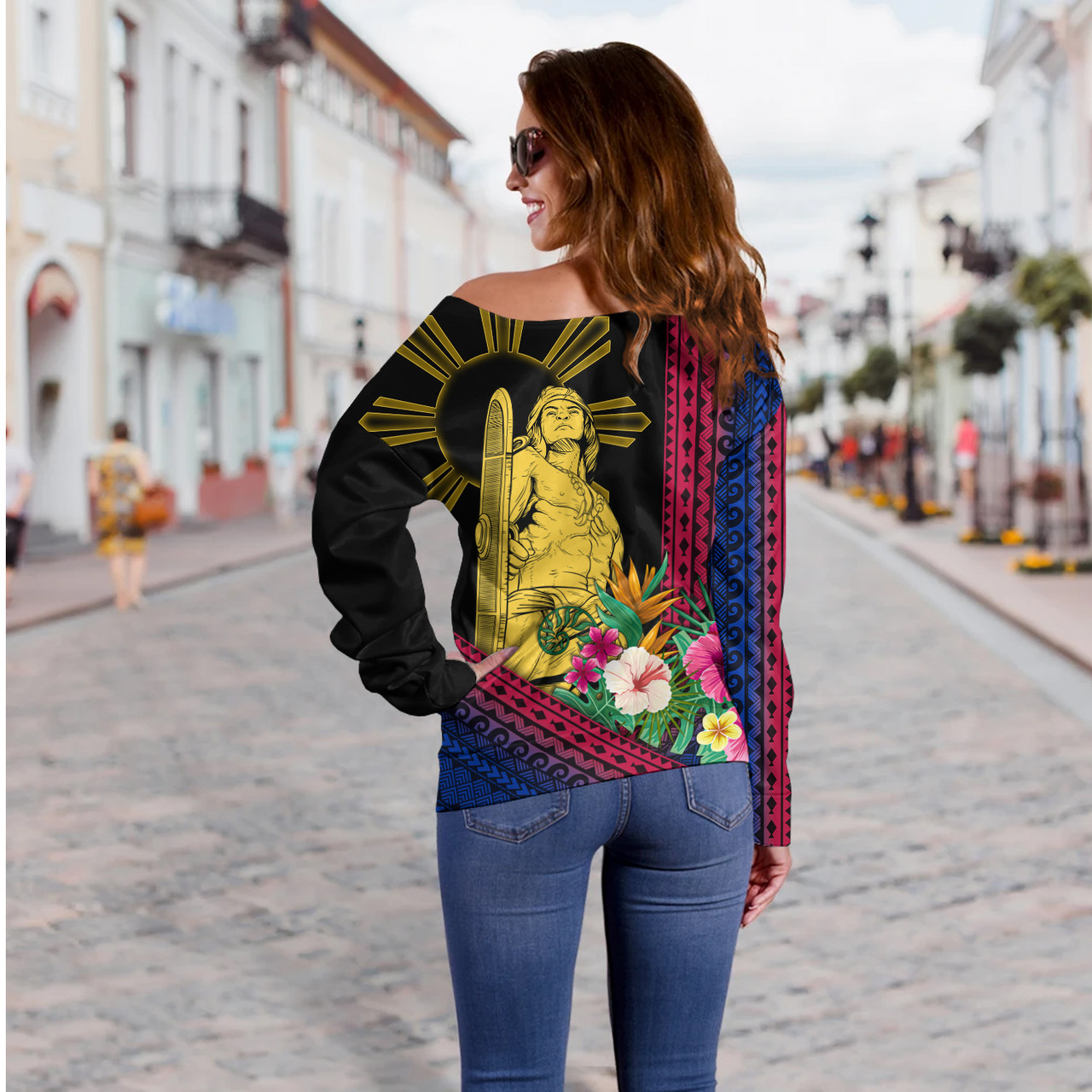 Philippines Filipinos Off Shoulder Sweatshirt Lapu Lapu Polynesia Pattern With Tropical Flower