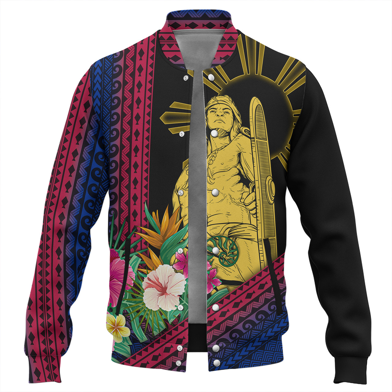 Philippines Filipinos Baseball Jacket Lapu Lapu Polynesia Pattern With Tropical Flower