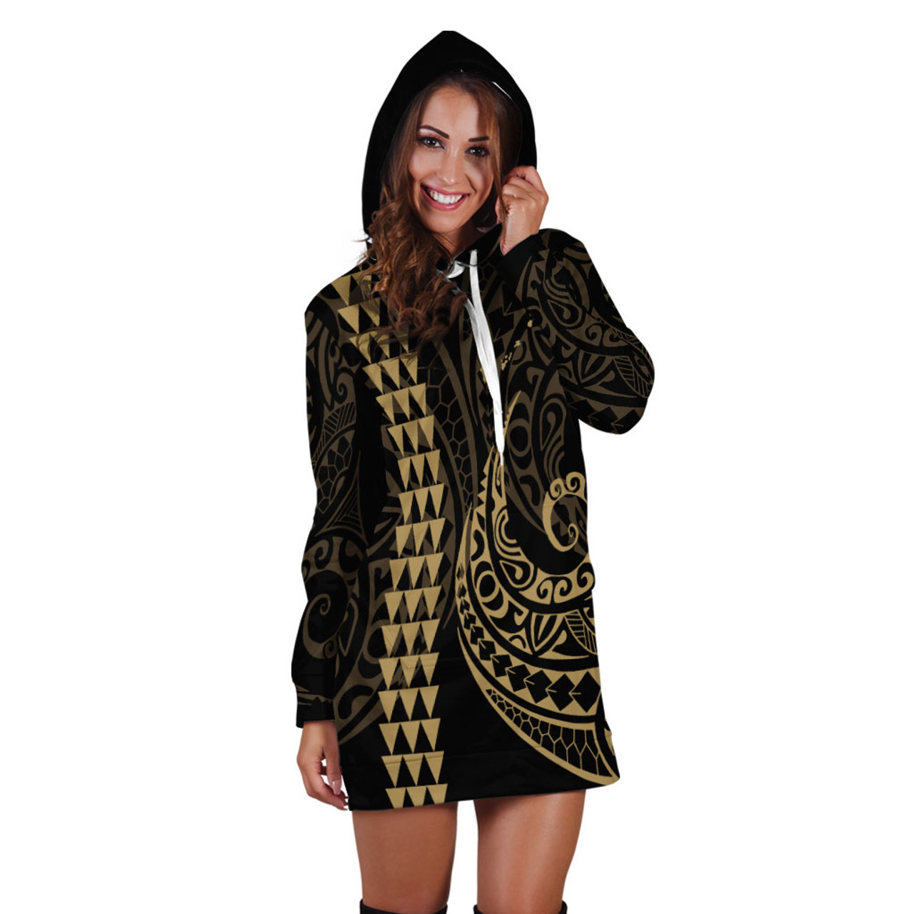 Hawaii Hoodie Dress Kakau Style Gold