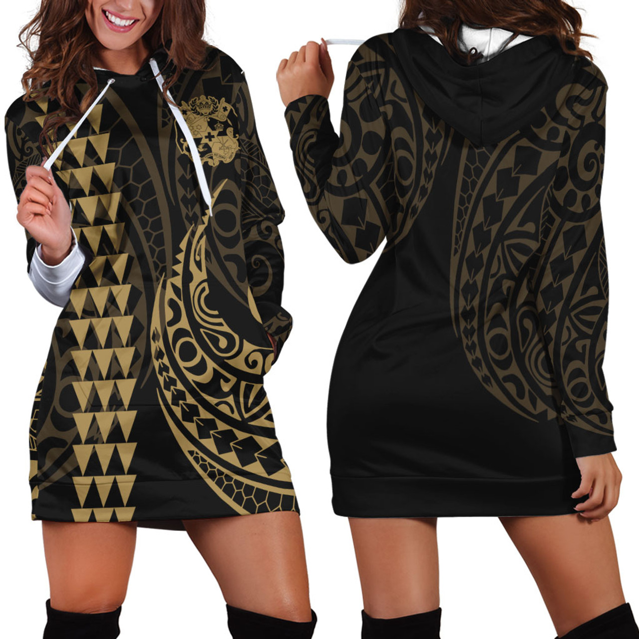 Tonga Hoodie Dress Kakau Style Gold