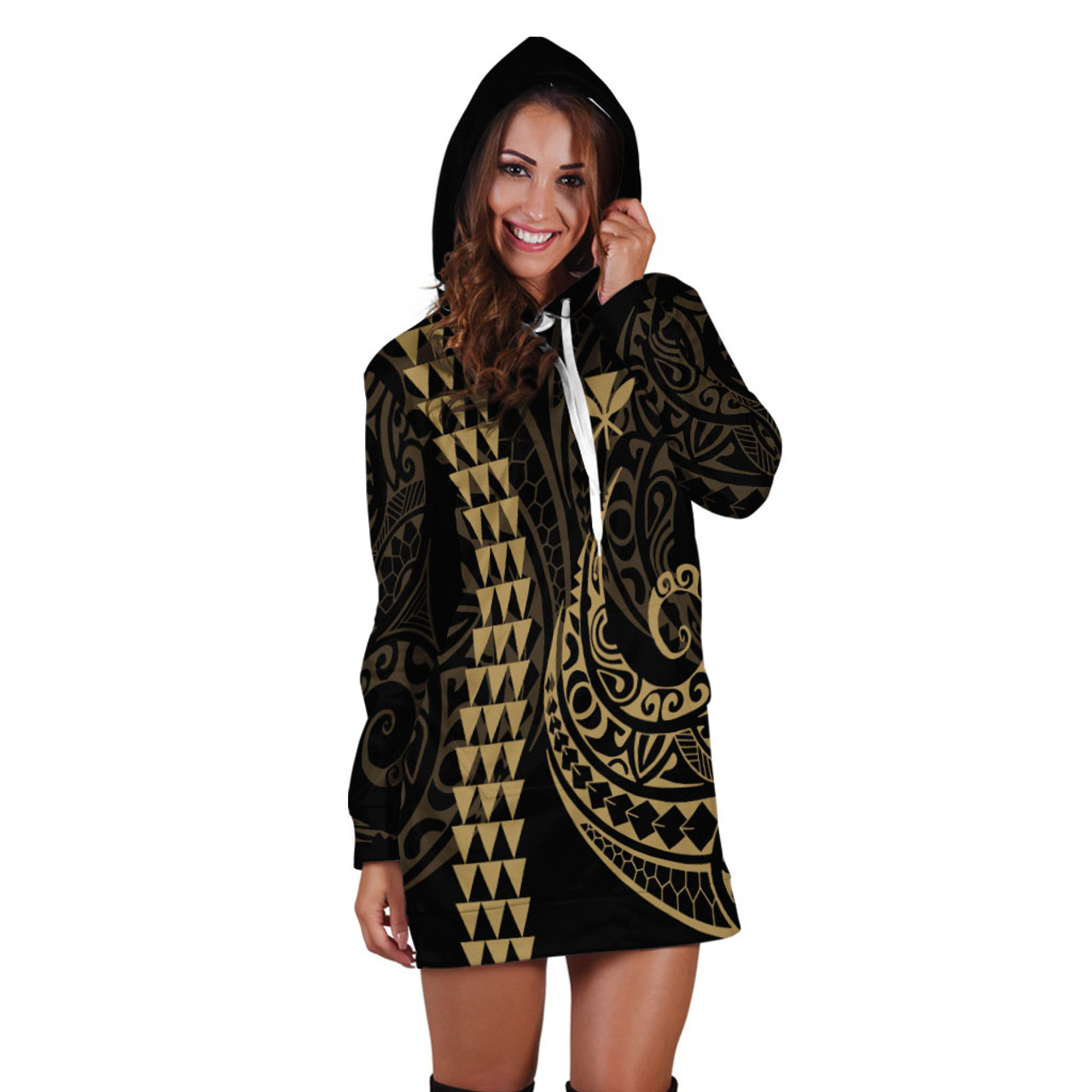 Hawaii Hoodie Dress Kanaka Kakau Style Gold