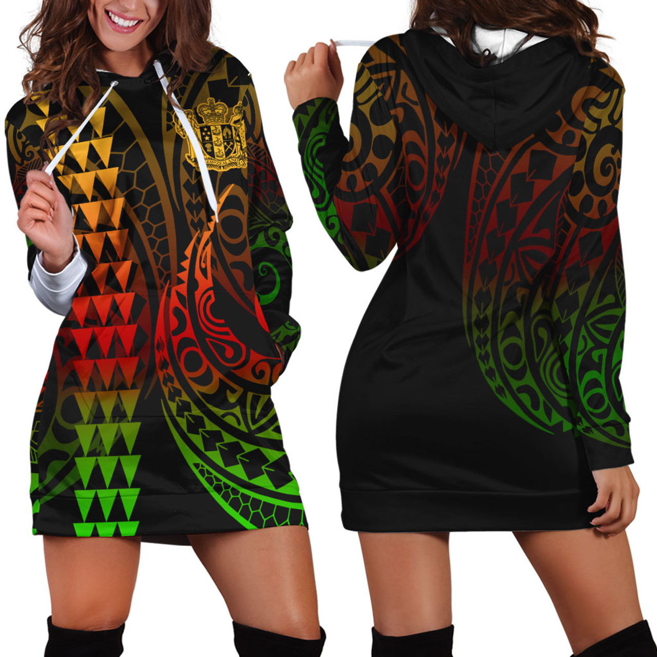 New Zealand Hoodie Dress Kakau Style Reggae