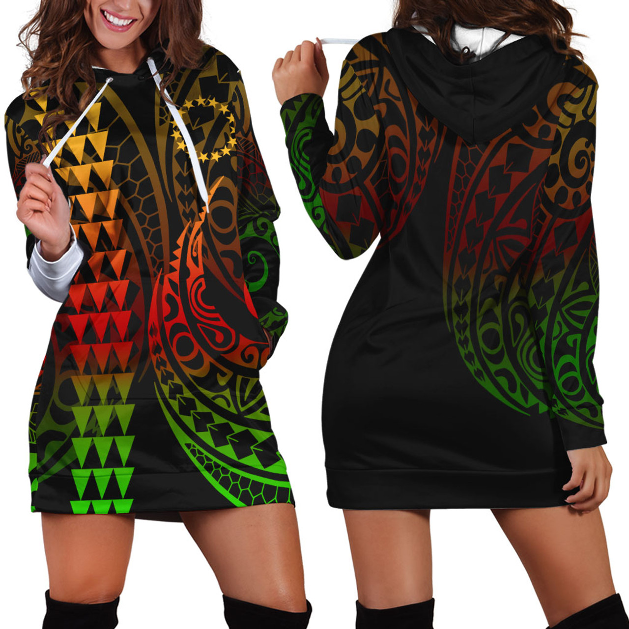 Cook Islands Hoodie Dress Kakau Style Reggae