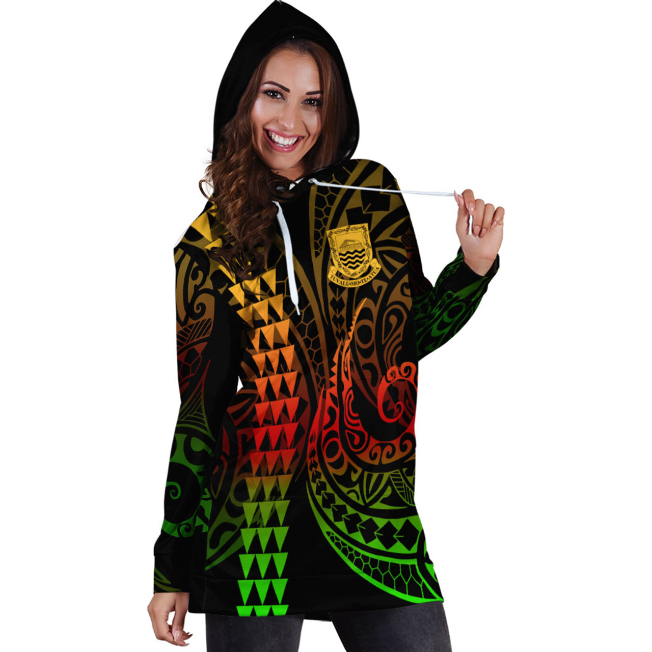 Tuvalu Hoodie Dress Kakau Style Reggae