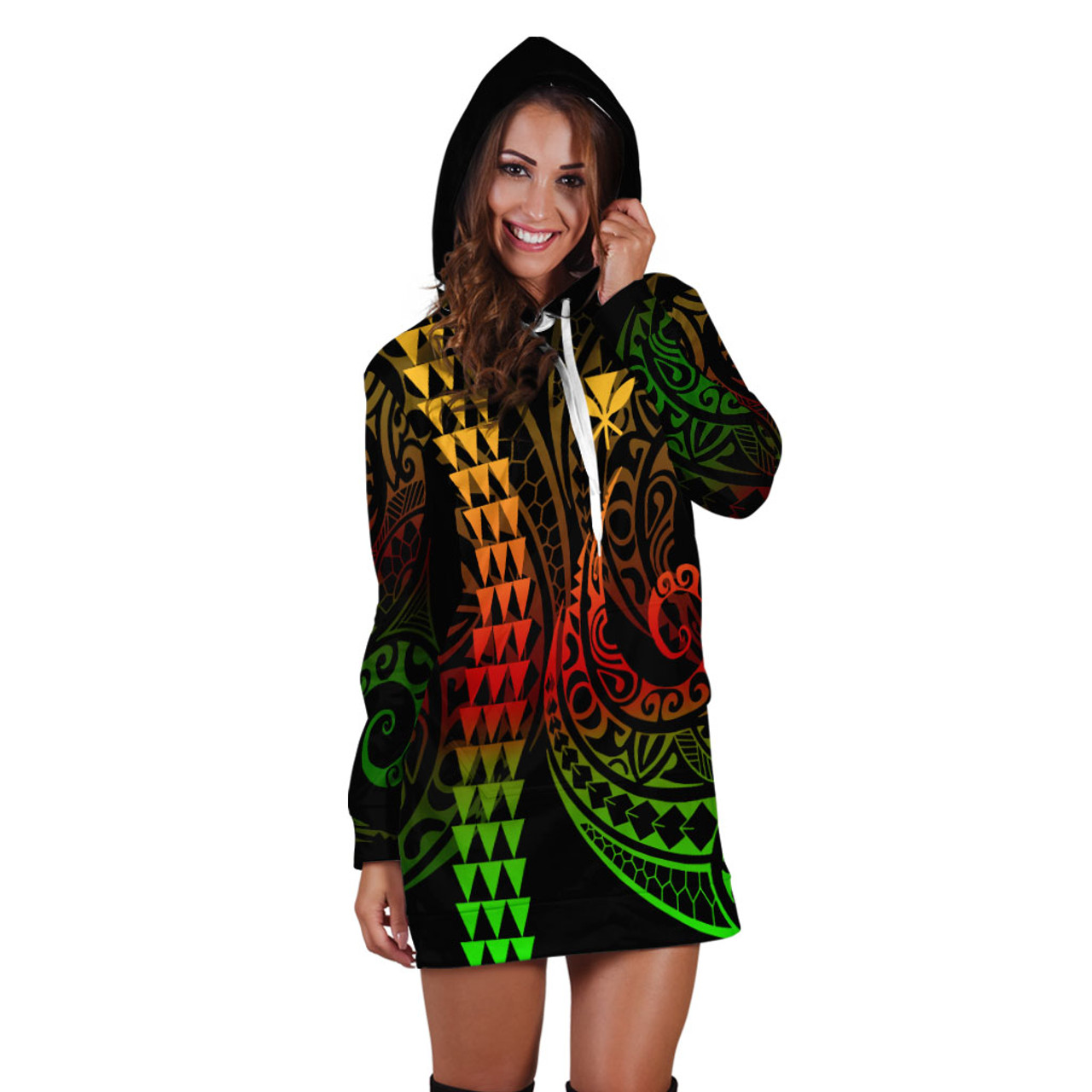 Hawaii Hoodie Dress Kanaka Kakau Style Reggae