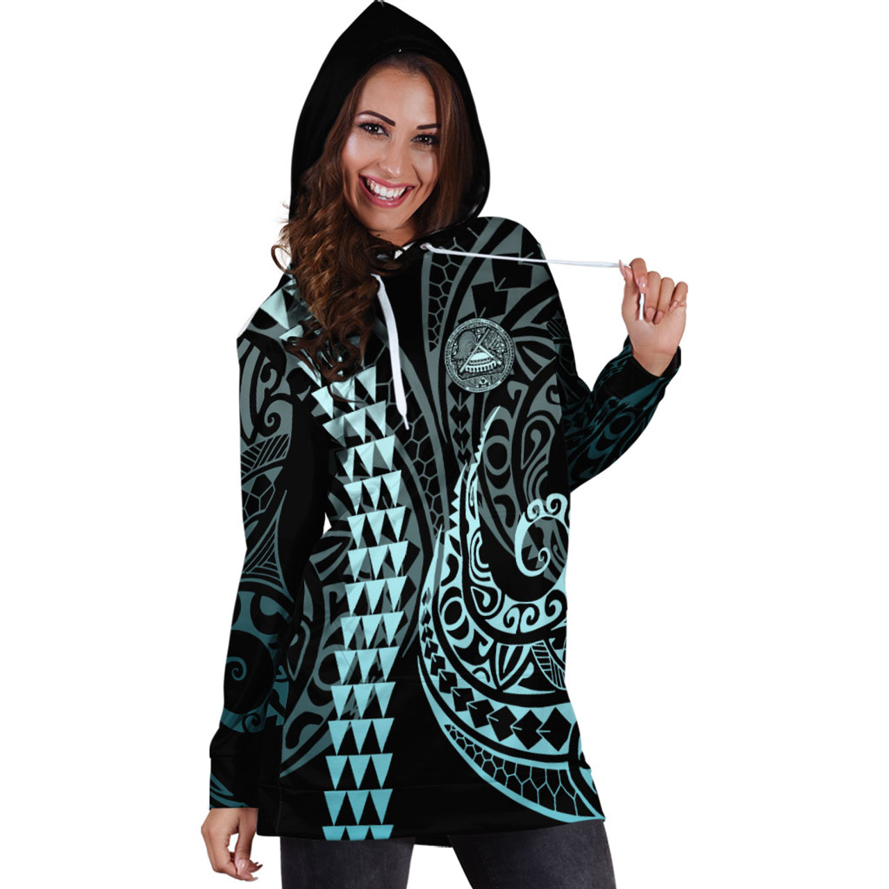 American Samoa Hoodie Dress Kakau Style Turquoise