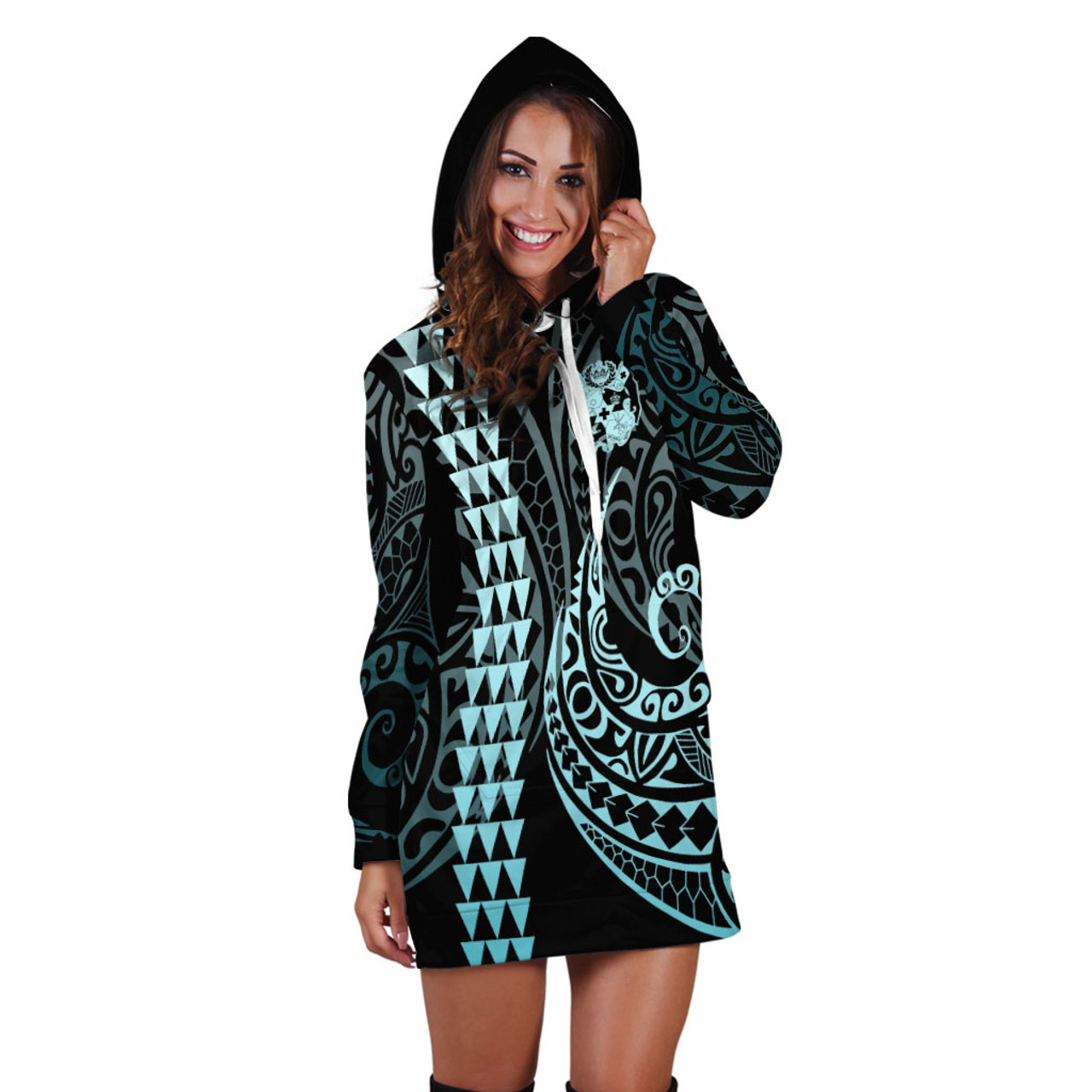 Tonga Hoodie Dress Kakau Style Turquoise