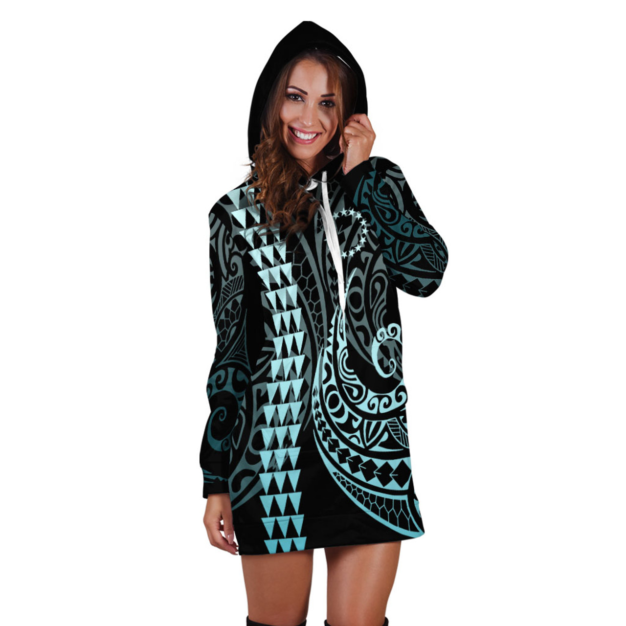 Cook Islands Hoodie Dress Kakau Style Turquoise