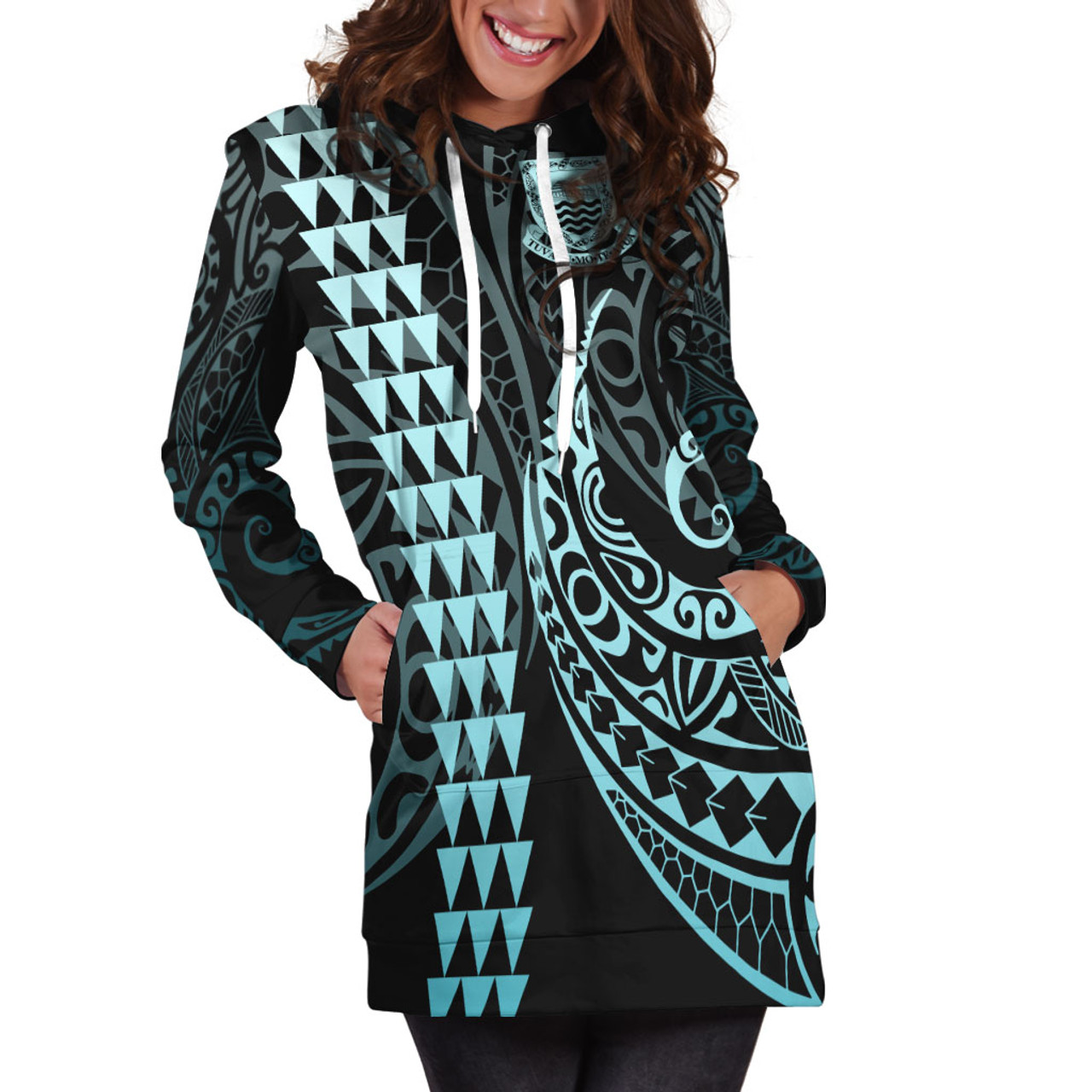 Tuvalu Hoodie Dress Kakau Style Turquoise