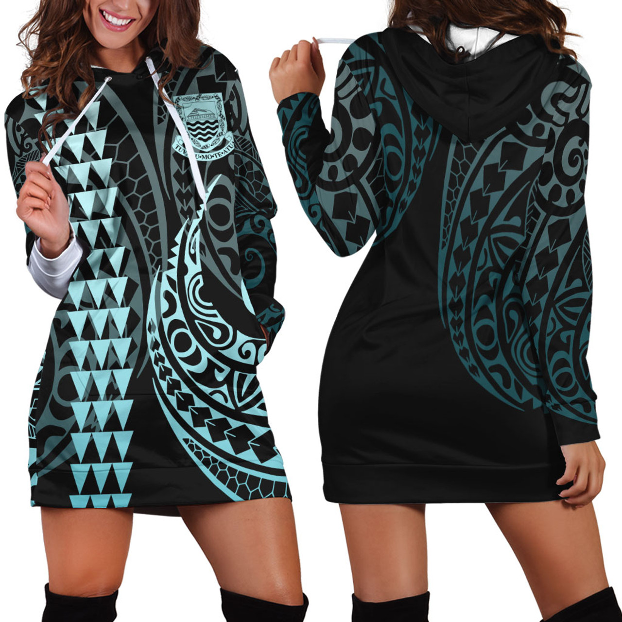 Tuvalu Hoodie Dress Kakau Style Turquoise