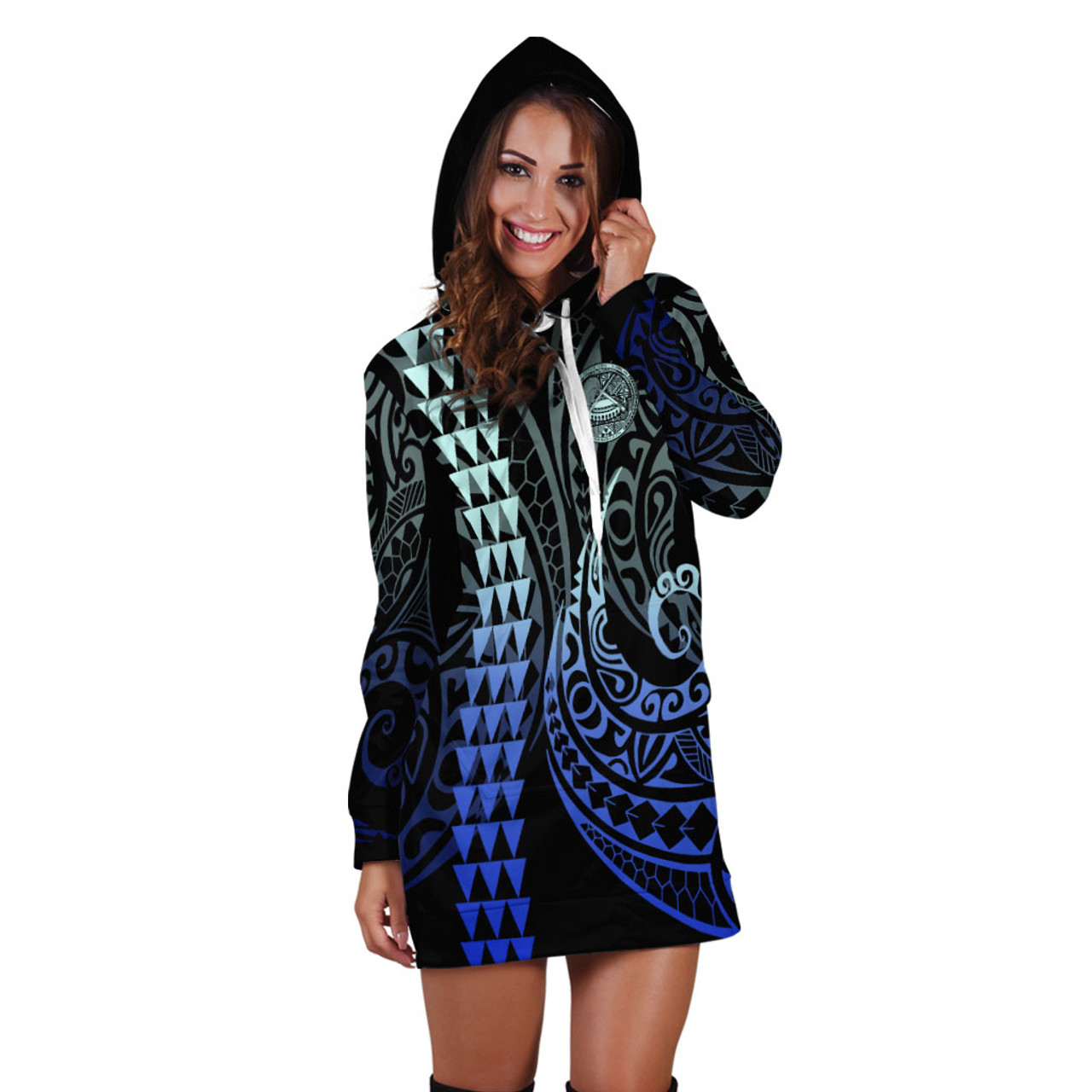 American Samoa Hoodie Dress Kakau Style Gradient Blue