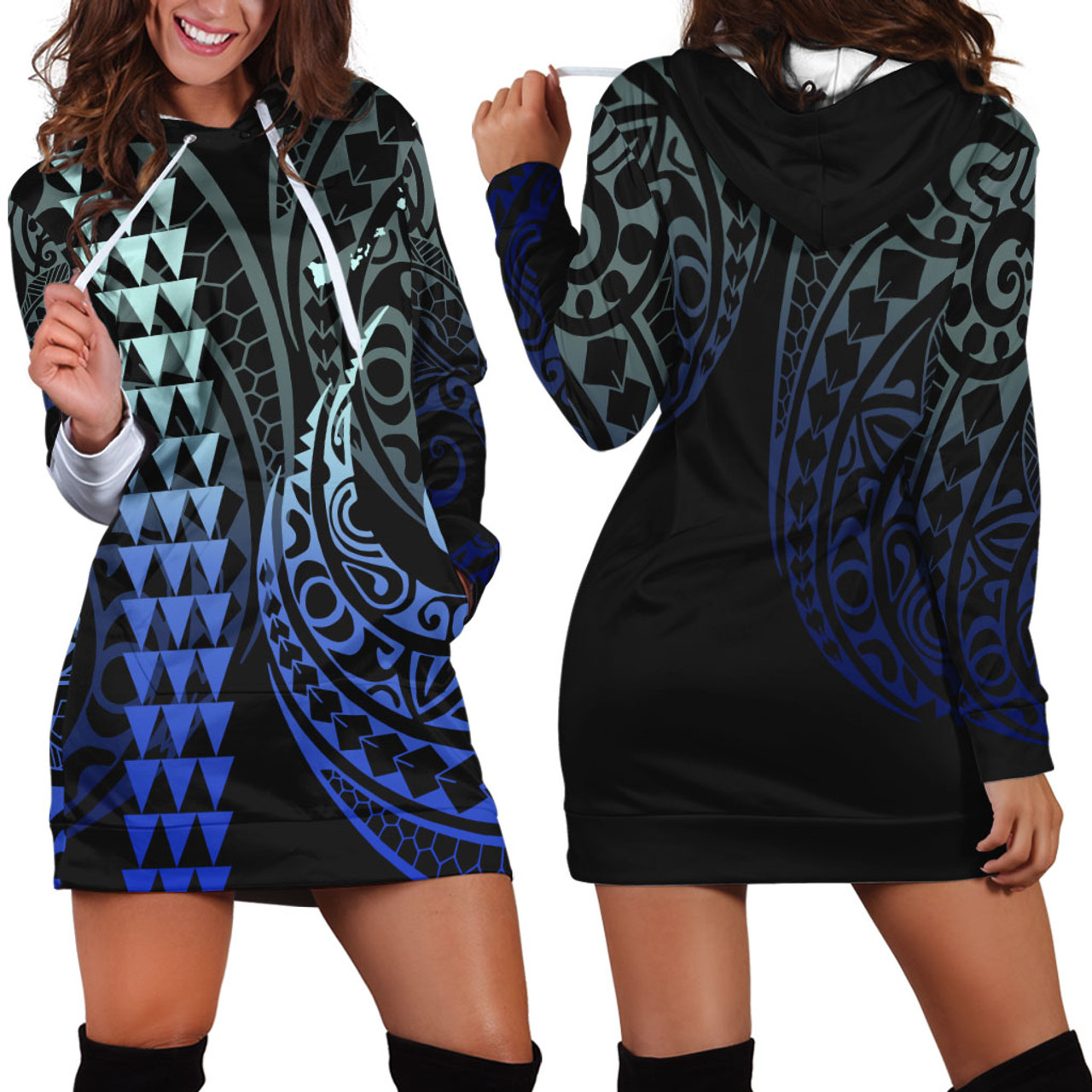 Hawaii Hoodie Dress Kakau Style Gradient Blue