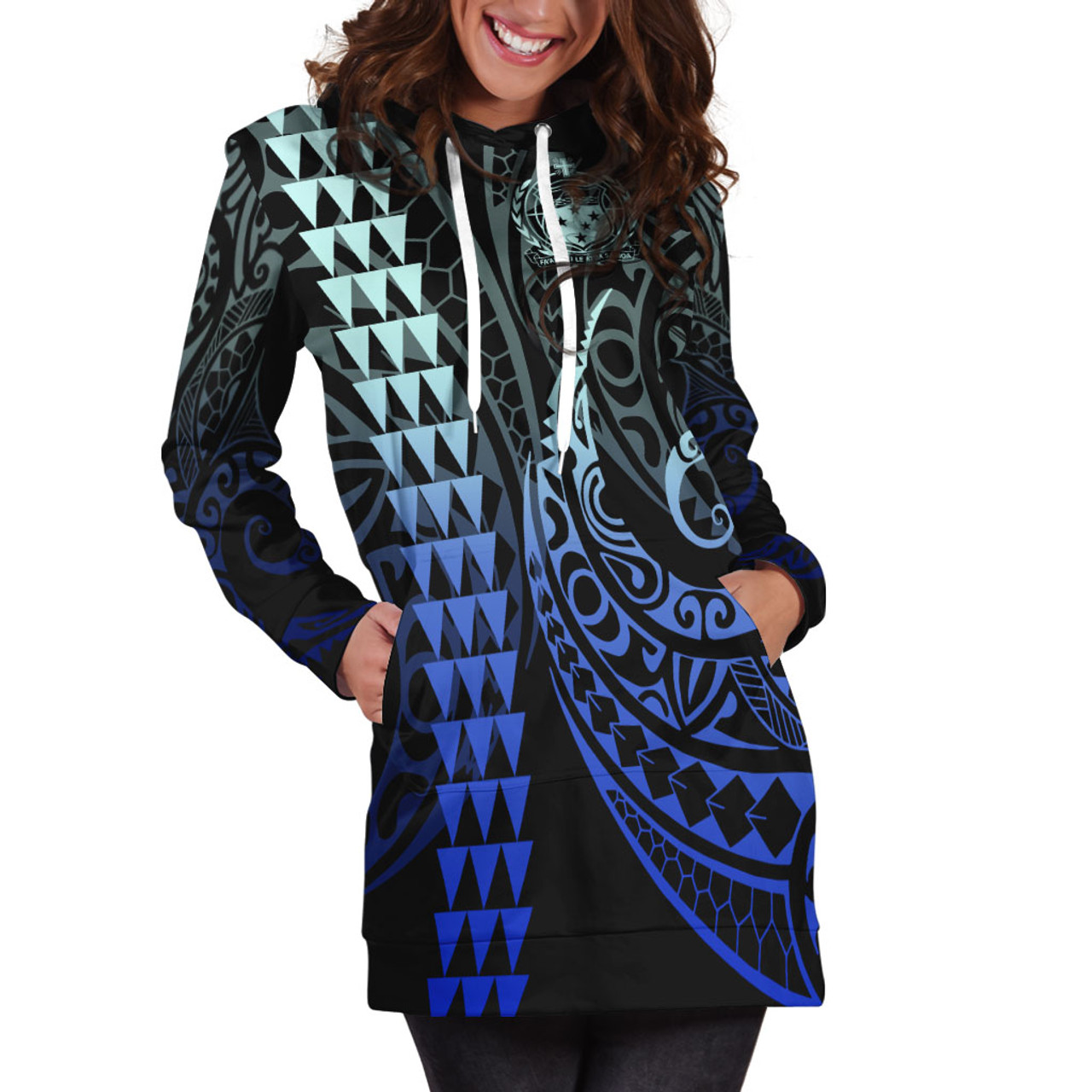 Samoa Hoodie Dress Kakau Style Gradient Blue